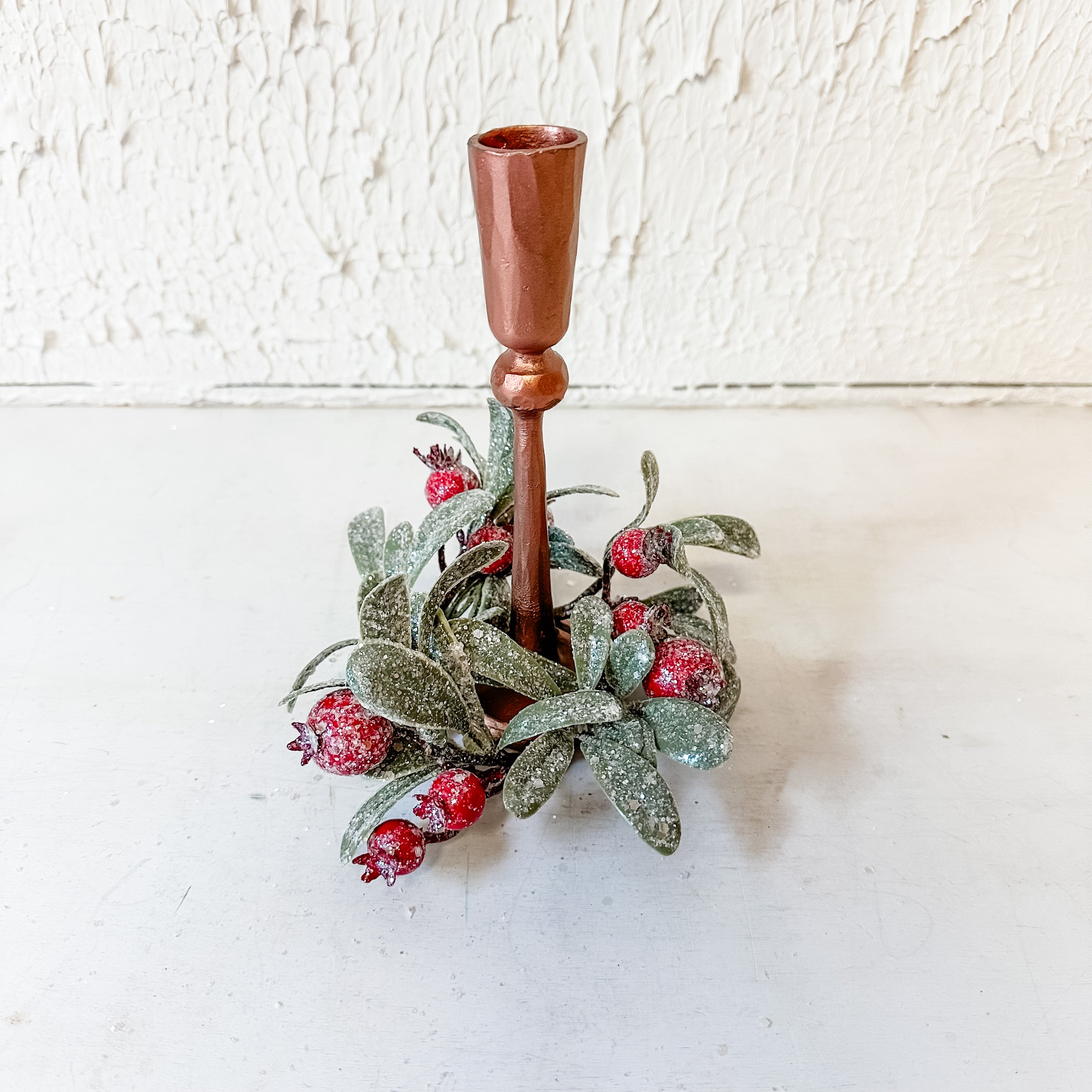 rounded sparkle leaves and red berries taper candle ring the rustic barn ct