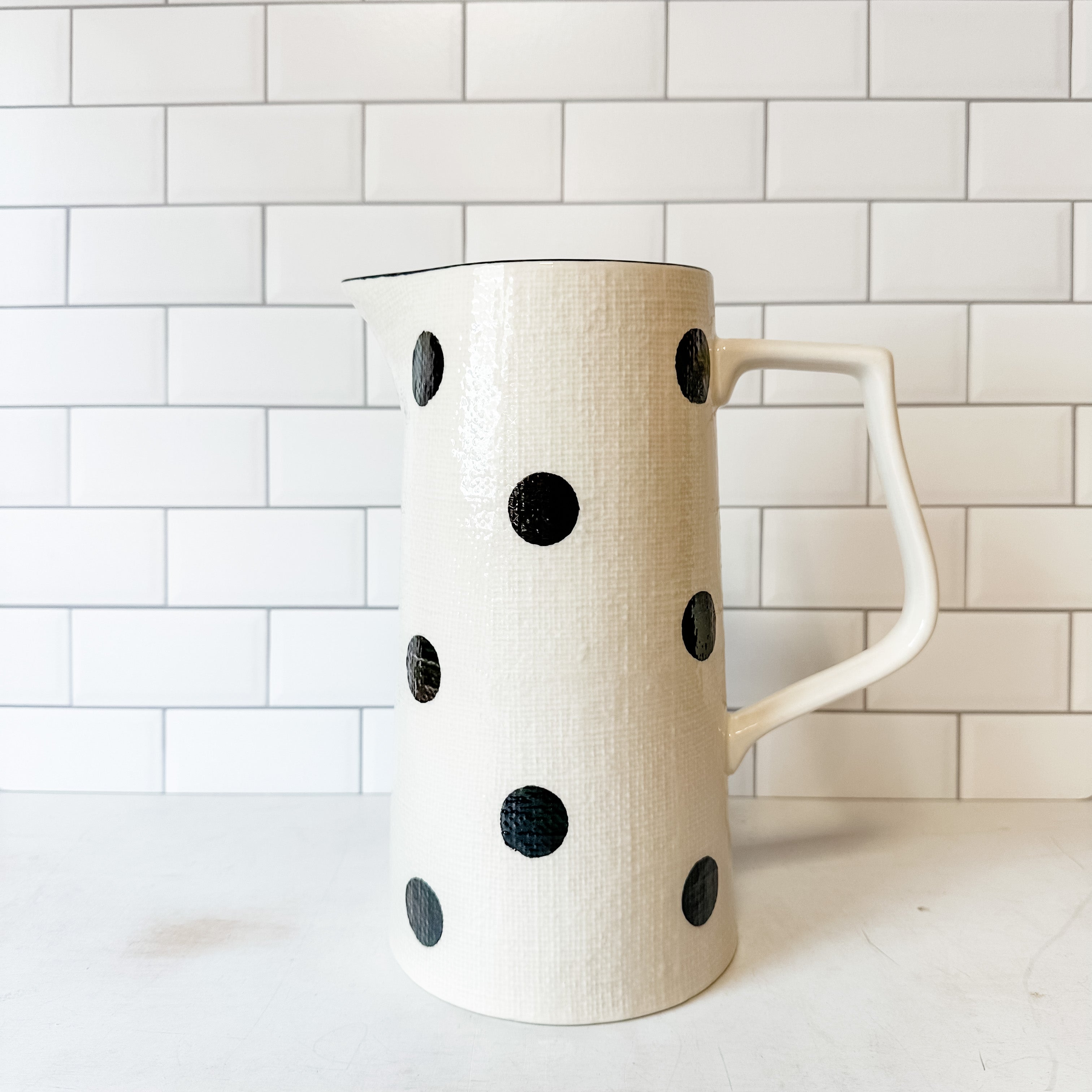 black and cream polka dot pitcher with linen finish the rustic barn ct