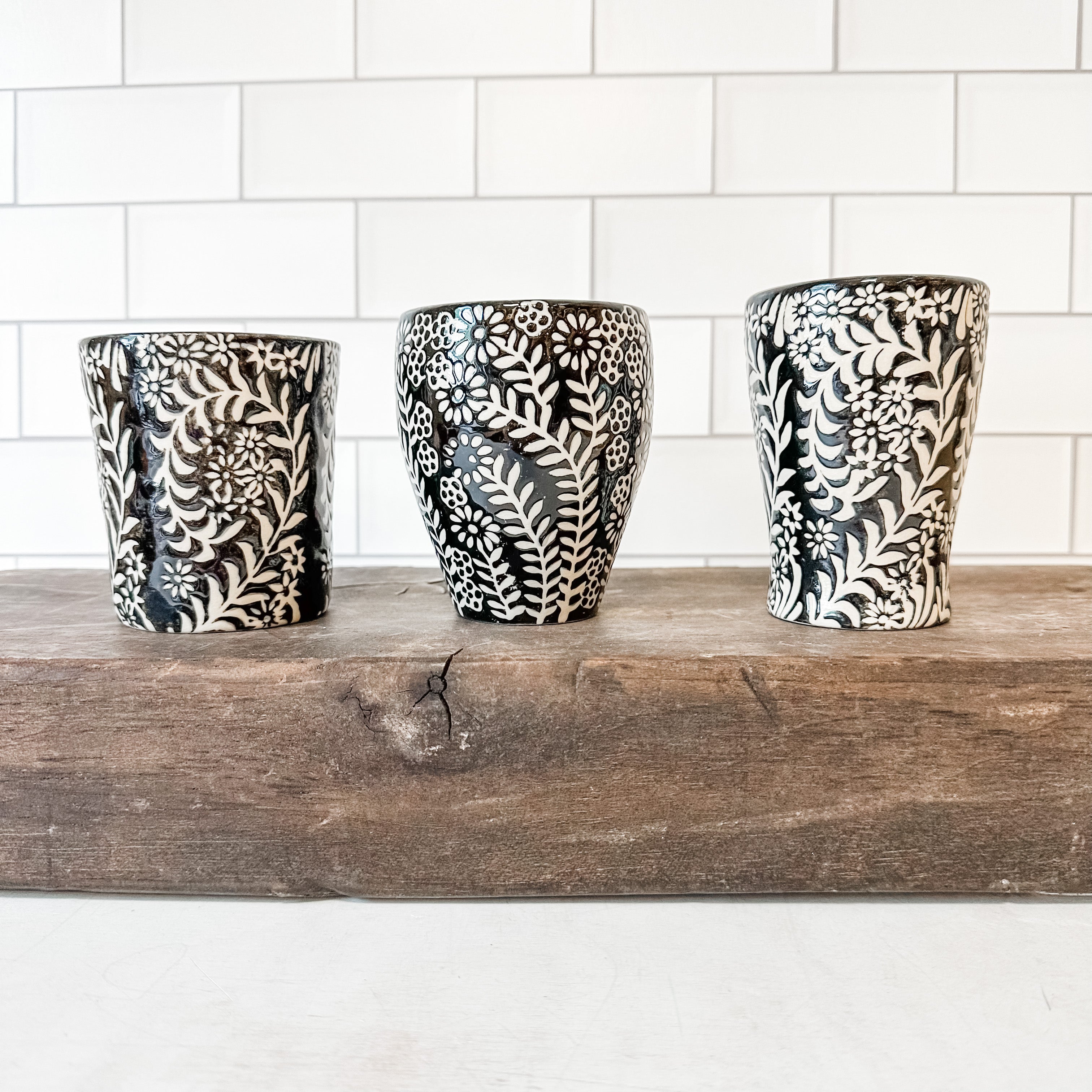 Stoneware Cups With Floral Design, Black