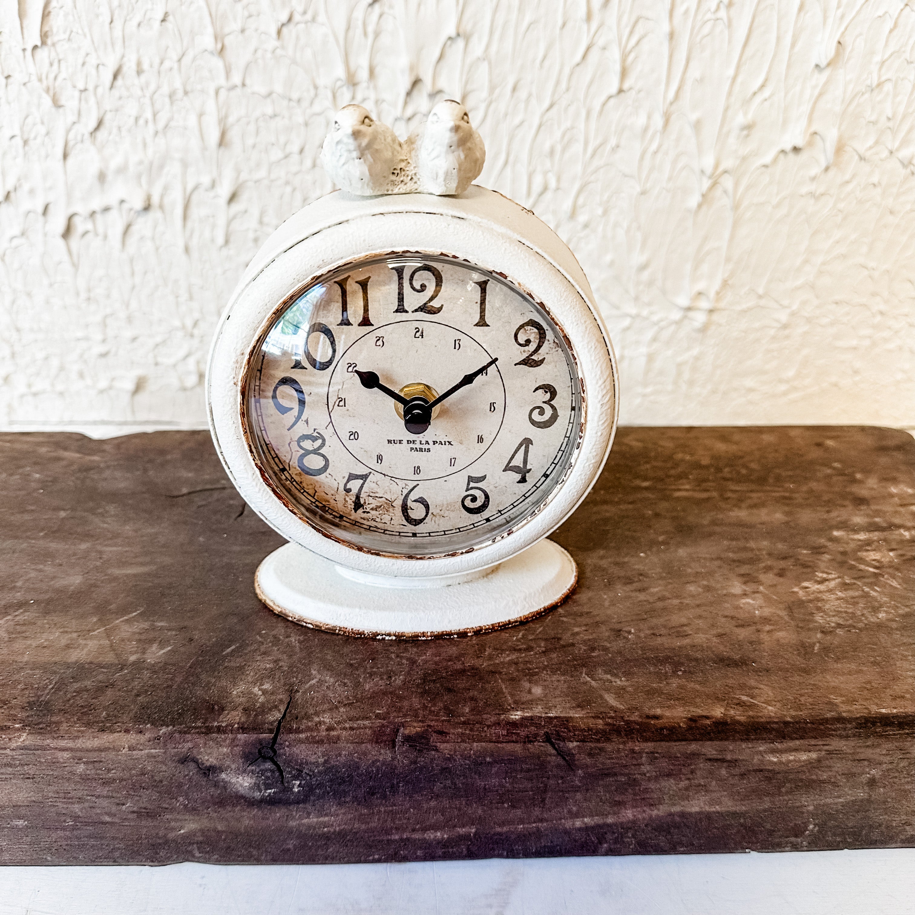 small desk top clock with distressed white finish ans birds the rustic barn ct