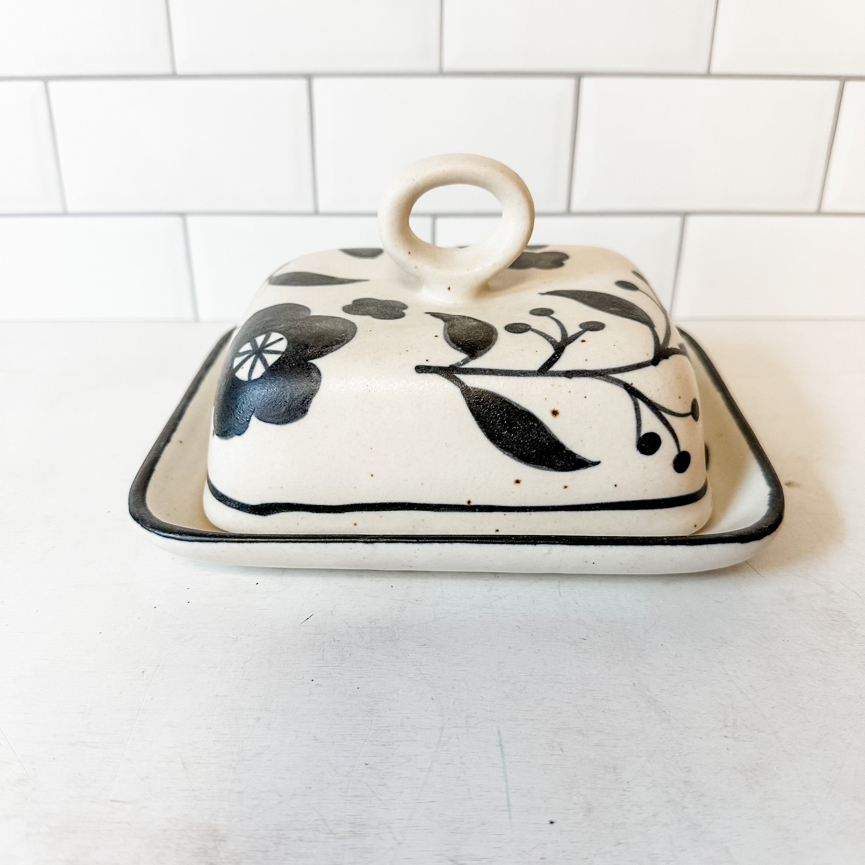 hand-painted stoneware butter dish with floral design the rustic barn ct