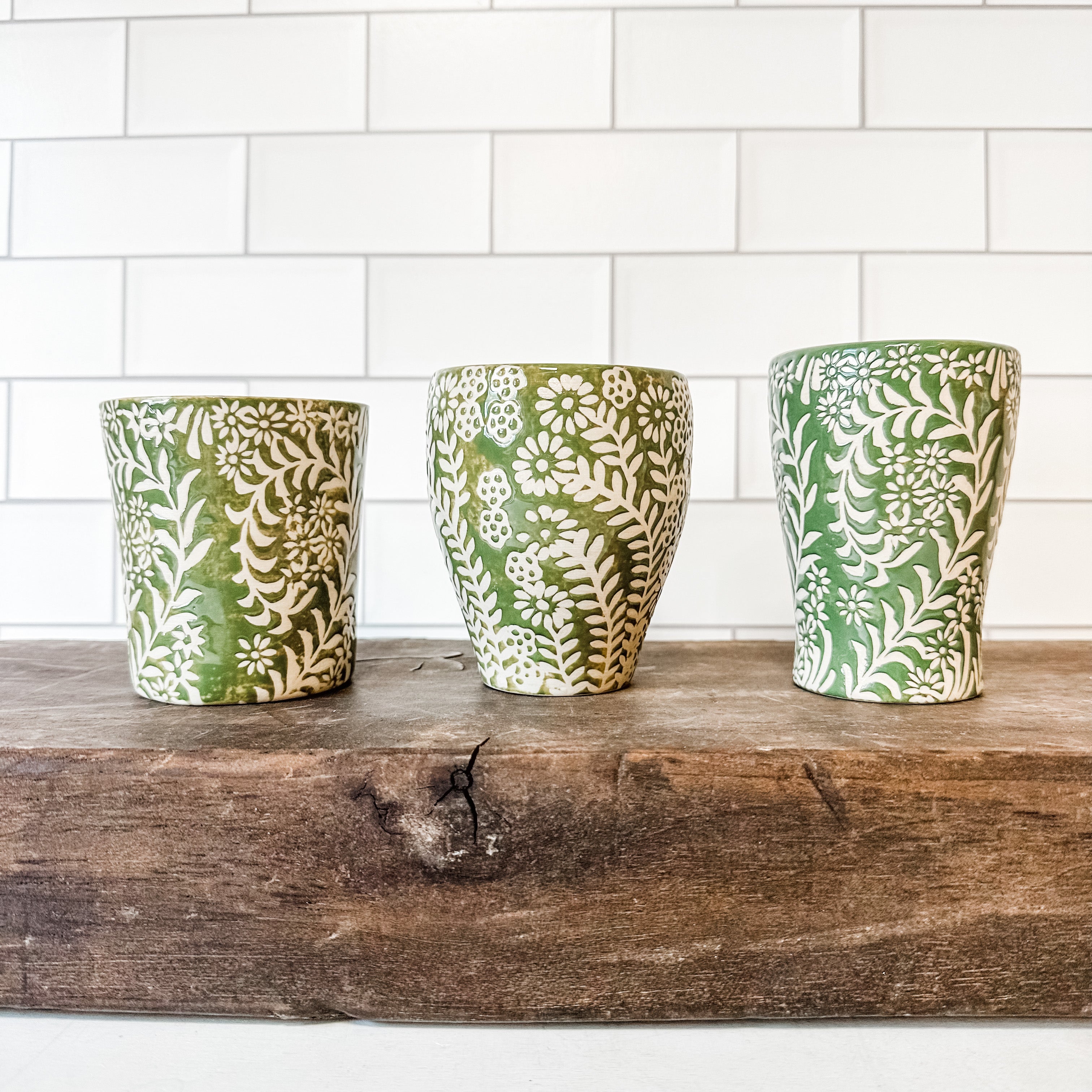 stoneware green floral design cups the rustic barn ct