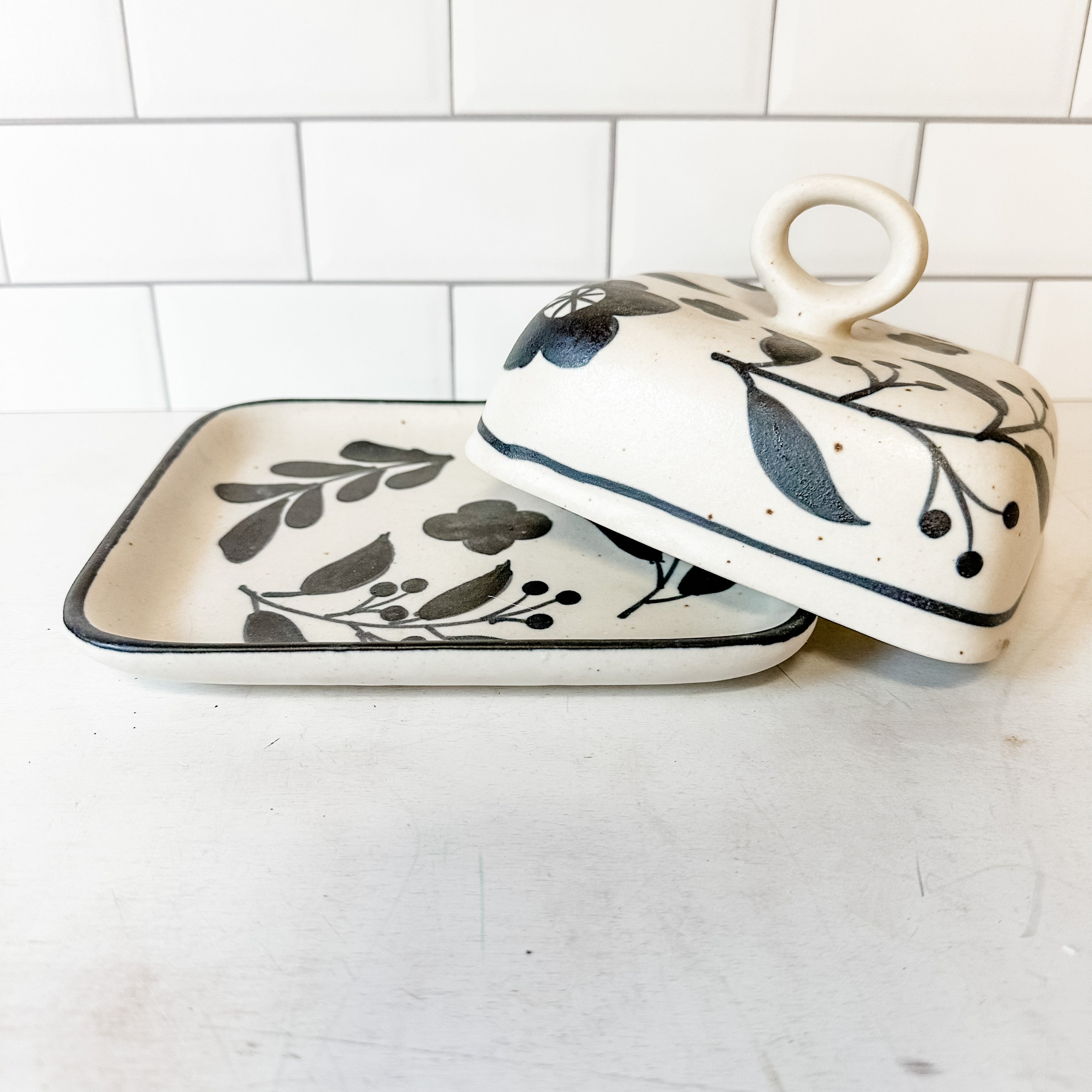 Hand-Painted Stoneware Butter Dish