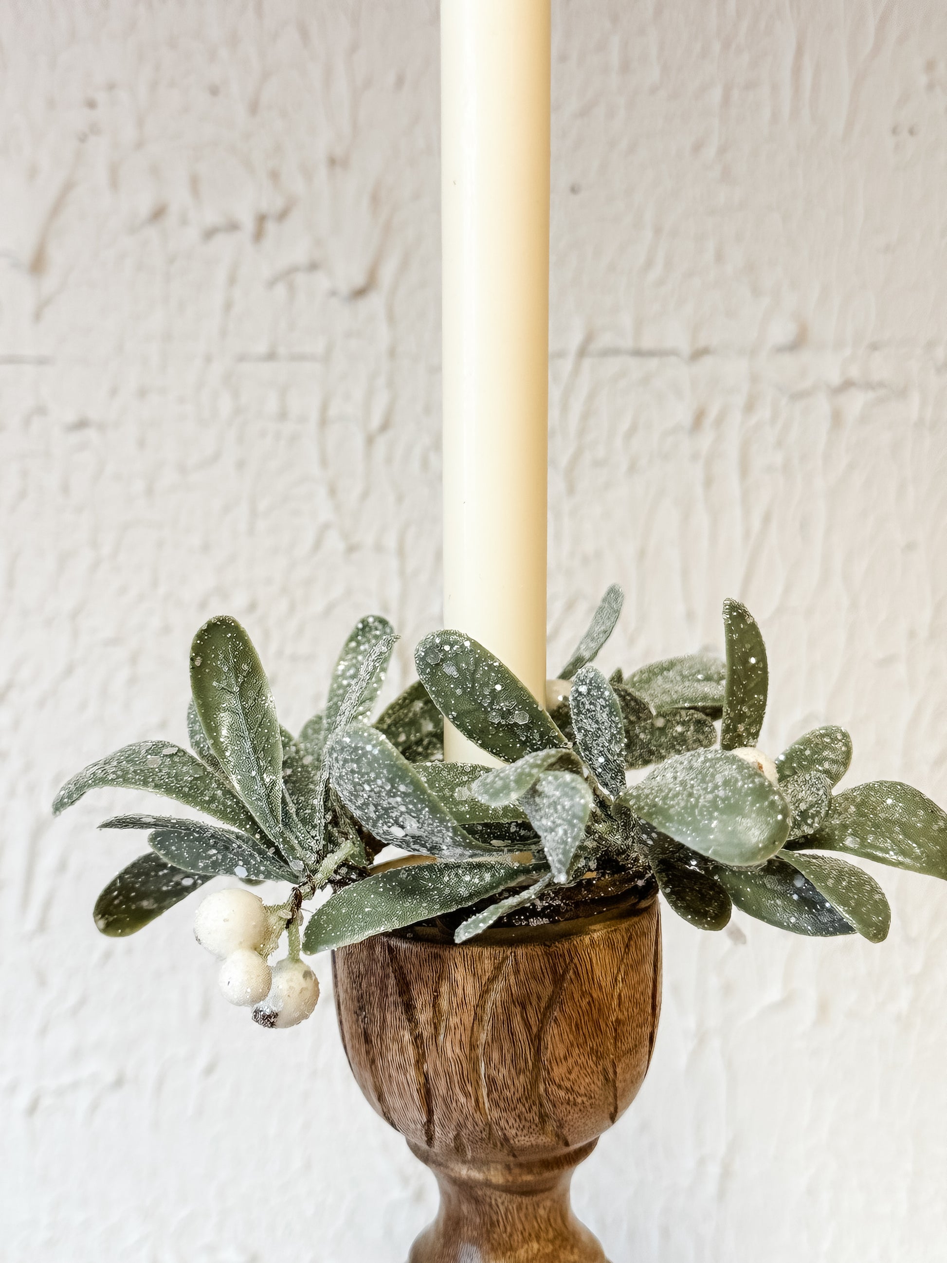 2.5 inch inner raunchy glittering mistletoe taper candle ring at The Rustic Barn in Killingworth CT