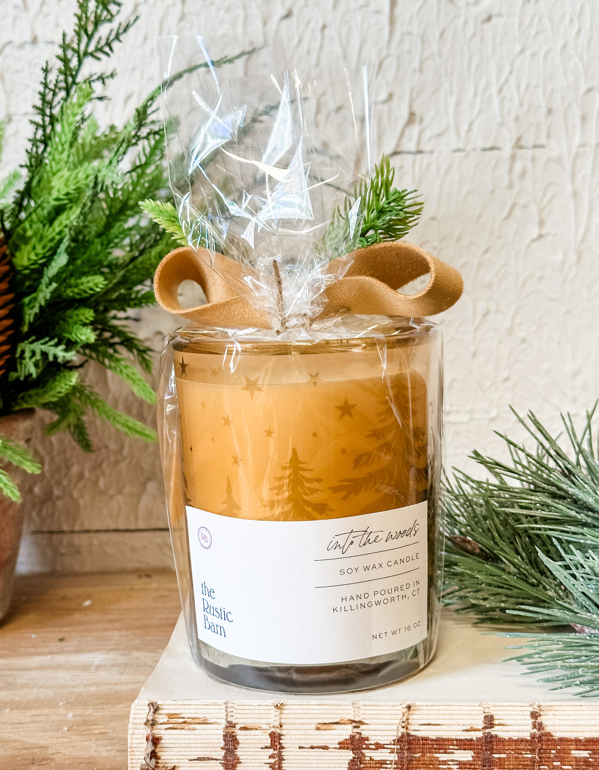 into the woods blue spruce hand-poured soy candle at the rustic barn in killingworth ct