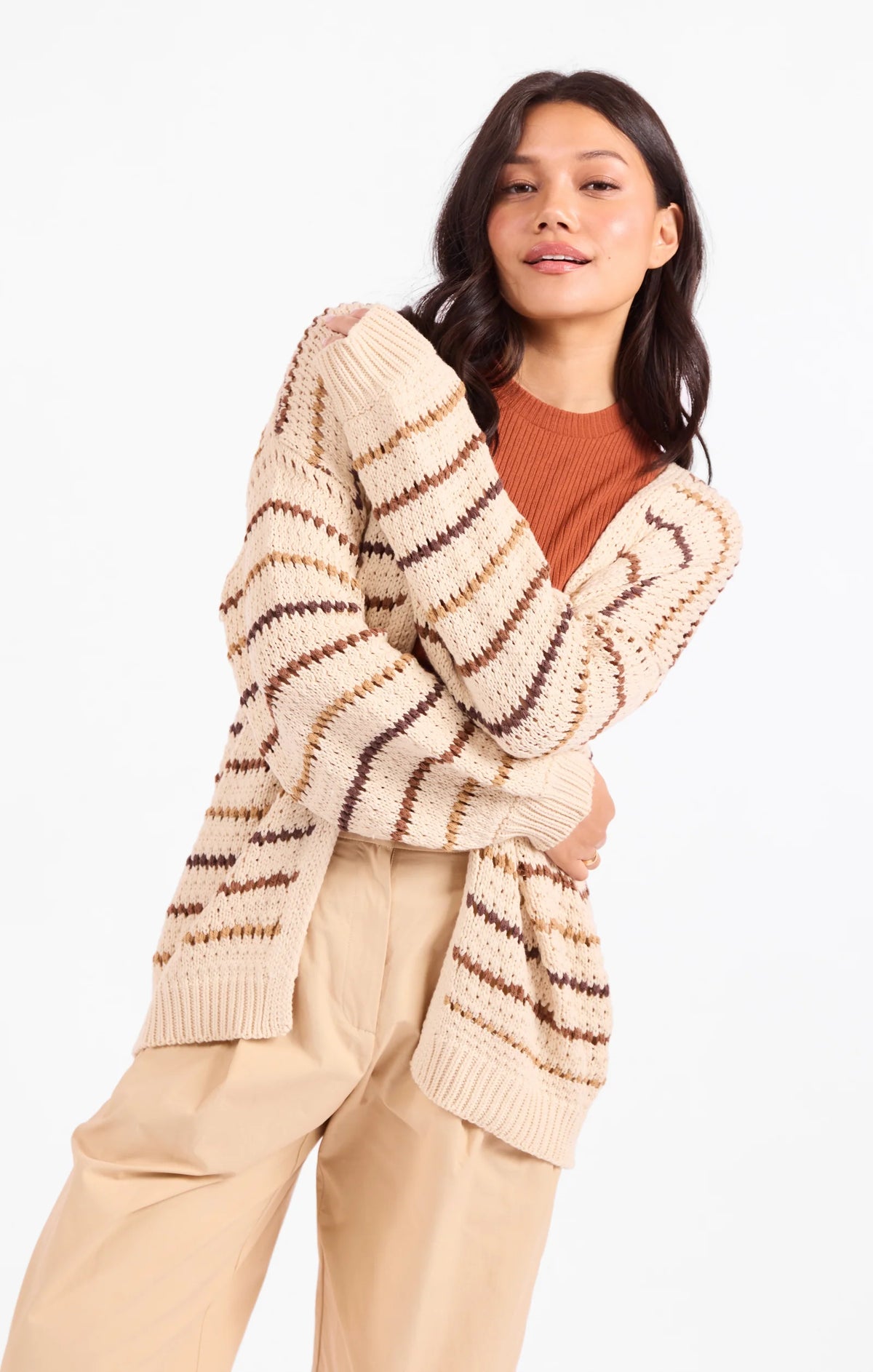 ivory striped lightweight layering cardigan for sale at The Rustic Barn in Killingworth, CT