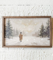 Jesus walking in the snow framed wall art for christmas for sale at the rustic barn in Killingworth, CT