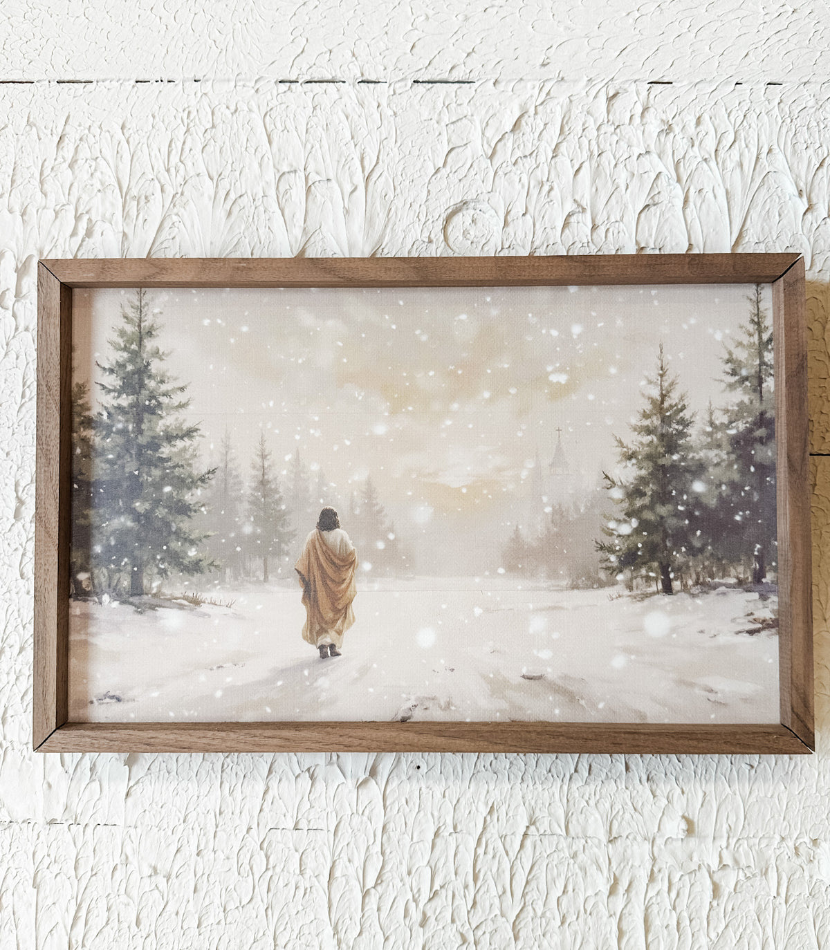Jesus walking in the snow framed wall art for christmas for sale at the rustic barn in Killingworth, CT