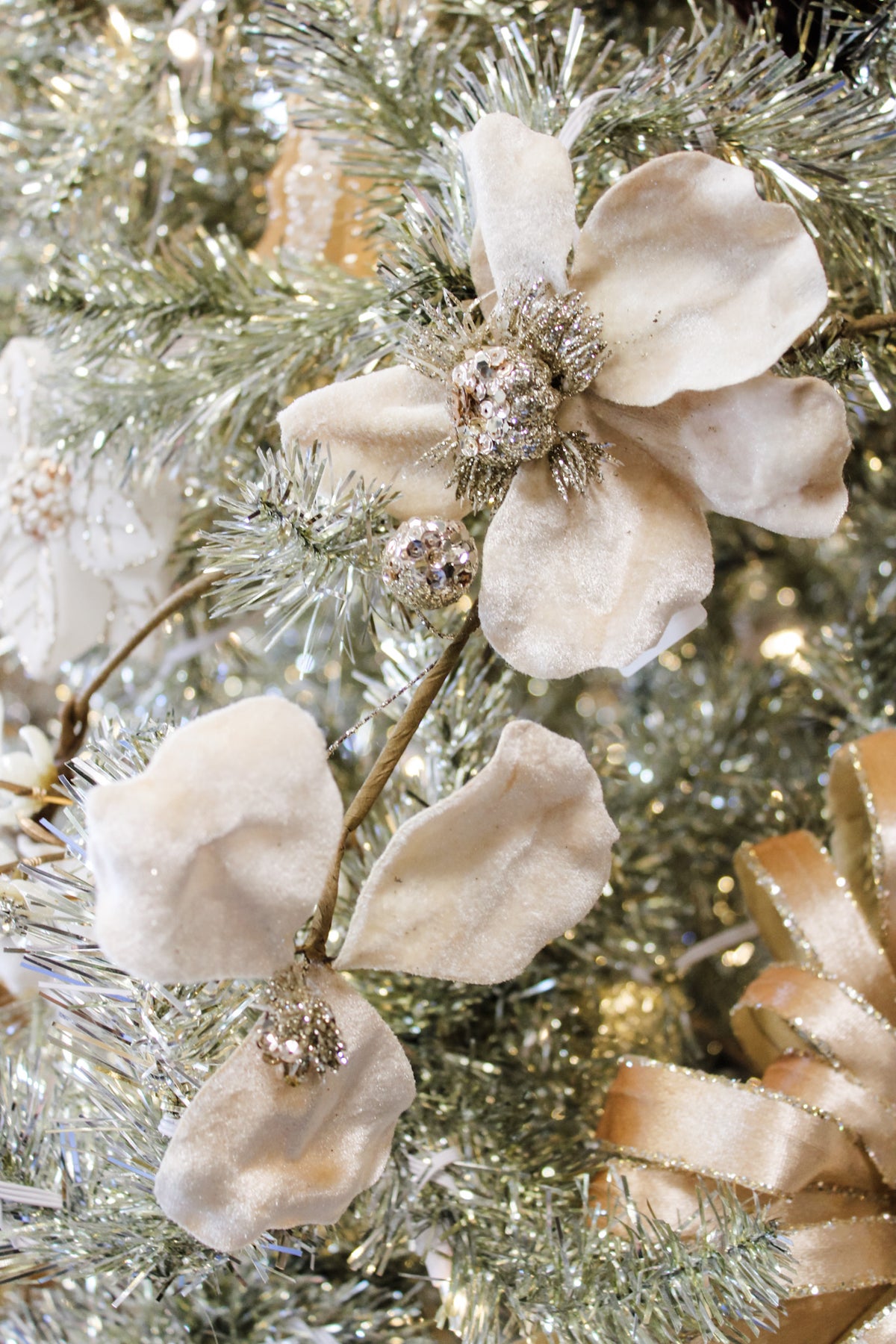 jeweled blush magnolia garland shimmering champagne with diamond gold and silver for sale at the rustic barn in killingworth, CT for christmas 