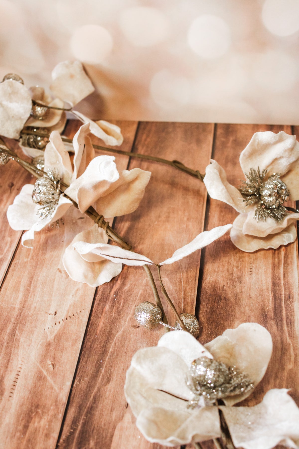 jeweled blush magnolia garland shimmering champagne with diamond gold and silver for sale at the rustic barn in killingworth, CT for christmas 