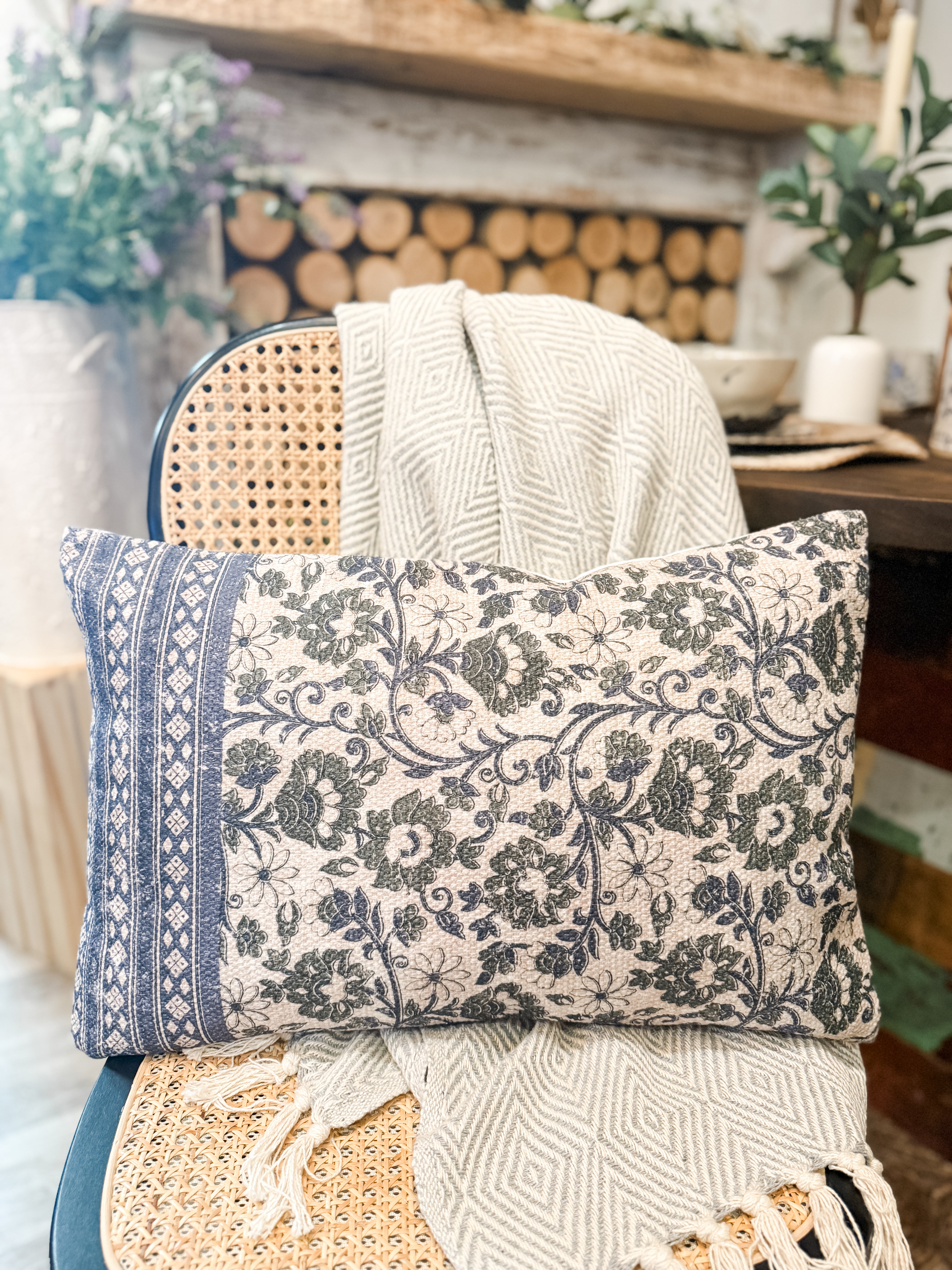 cotton lumbar pillow with knubby slub sage and blue block and floral print at the rustic barn in Killingworth ct