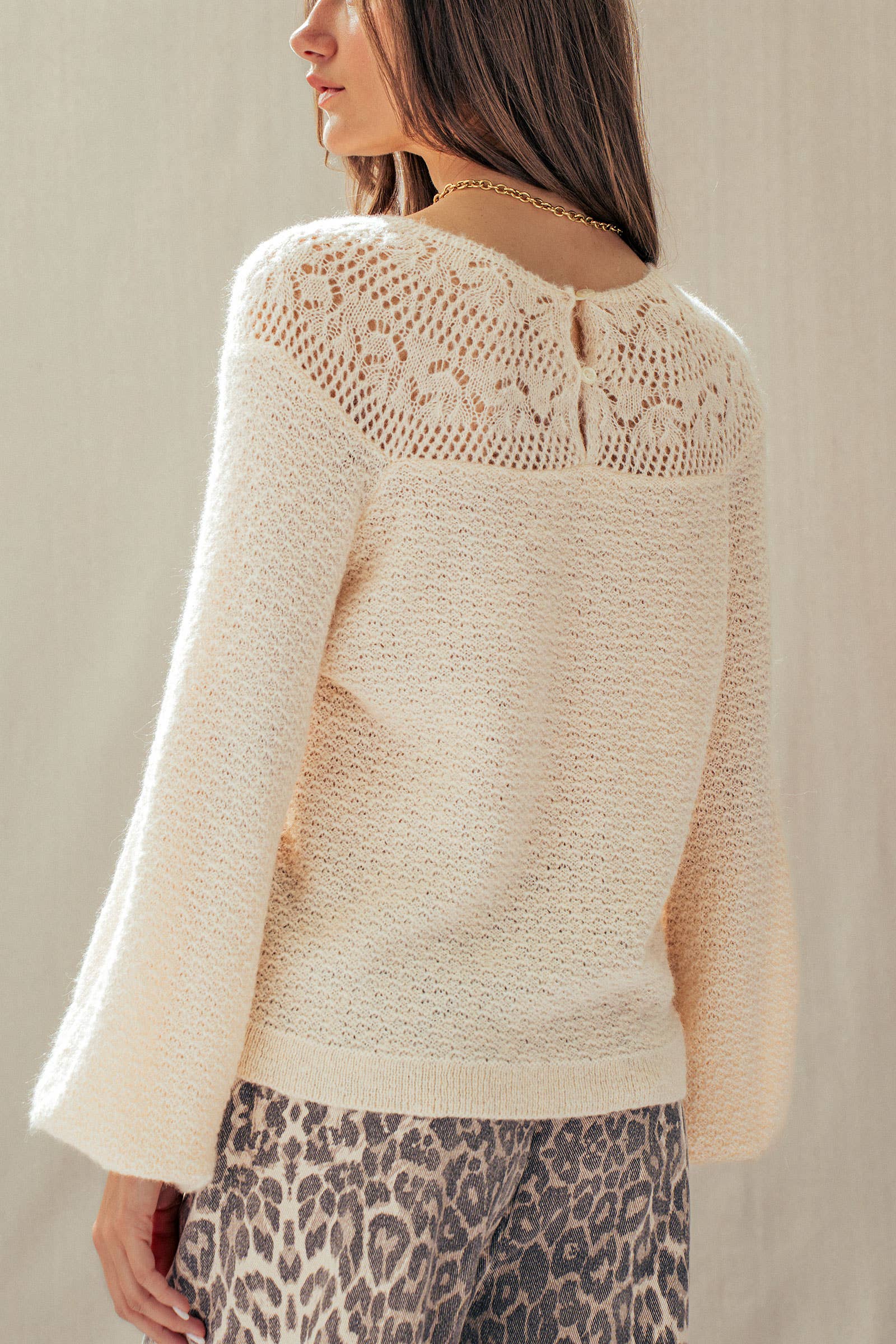 lace yoke knit cream draped sleeve sweater at the rustic barn in Killingworth ct