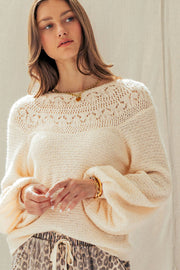 lace yoke knit cream draped sleeve sweater at the rustic barn in Killingworth ct