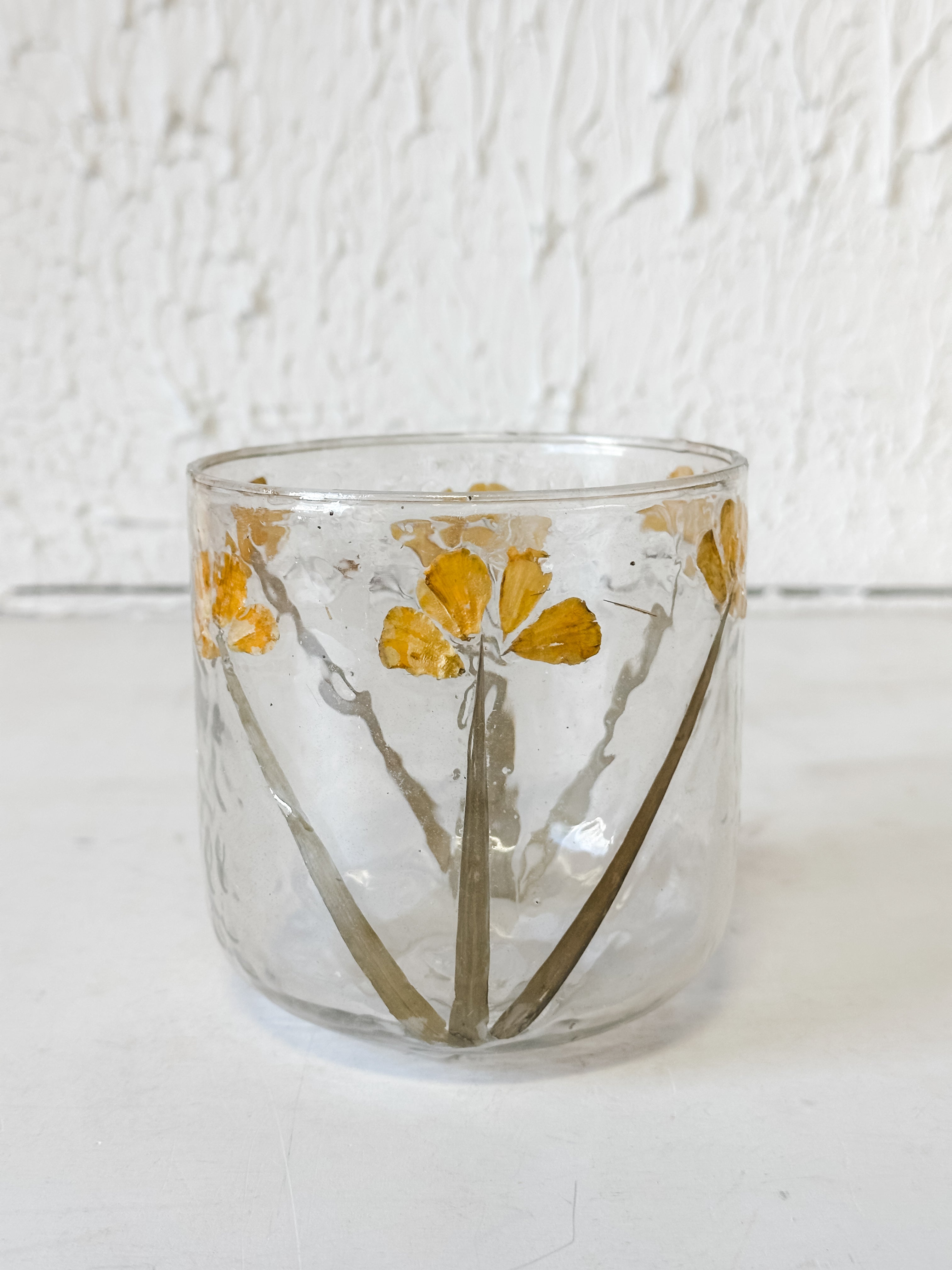 handmade glass votive holder with embedded oak leaves at the Rustic Barn in Killingworth, CT