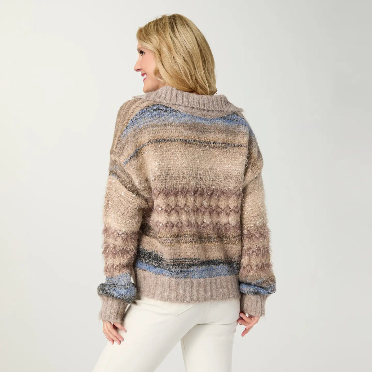 mohair sweater tan and blue button up collar sweater at the rustic barn in killingworth ct