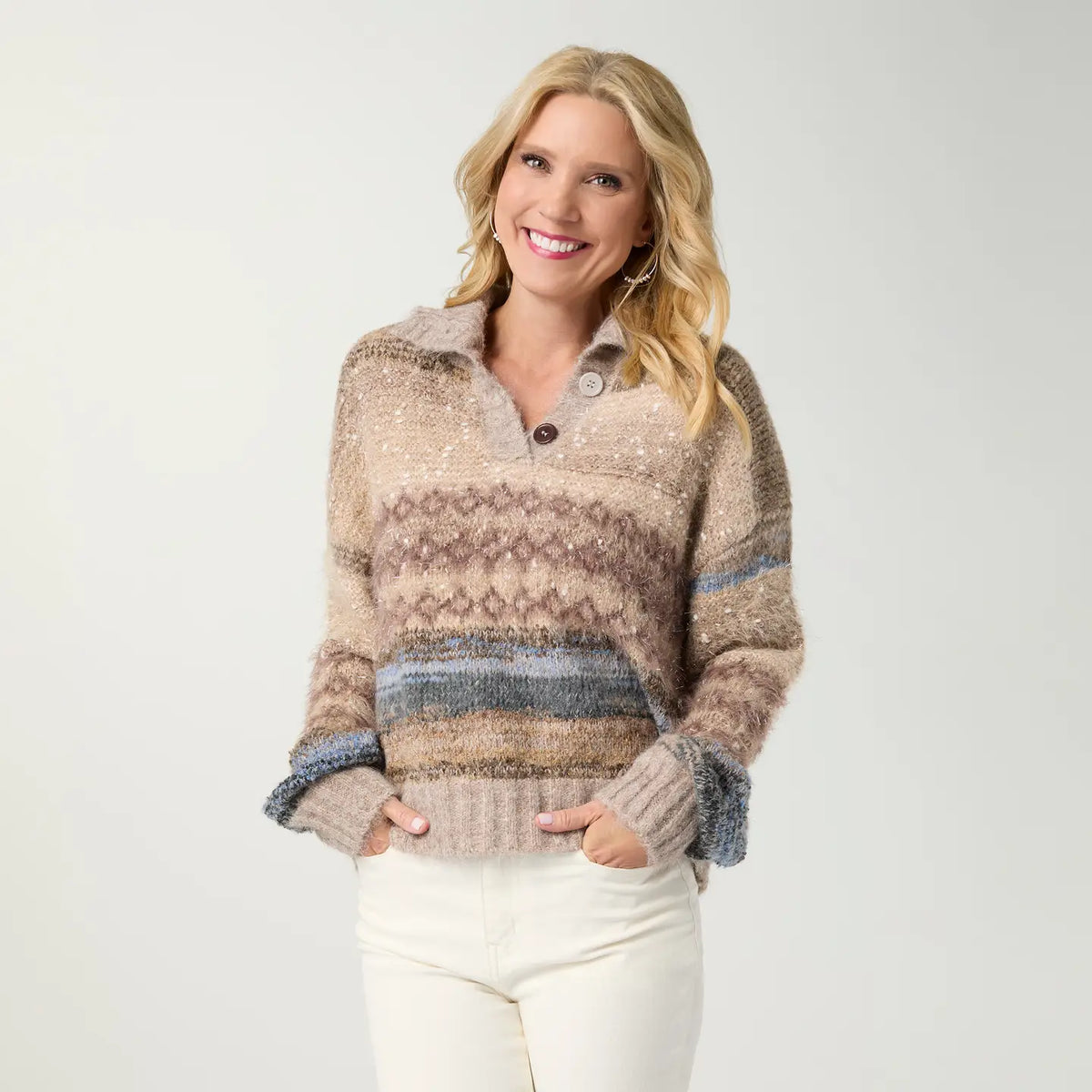 mohair sweater tan and blue button up collar sweater at the rustic barn in killingworth ct