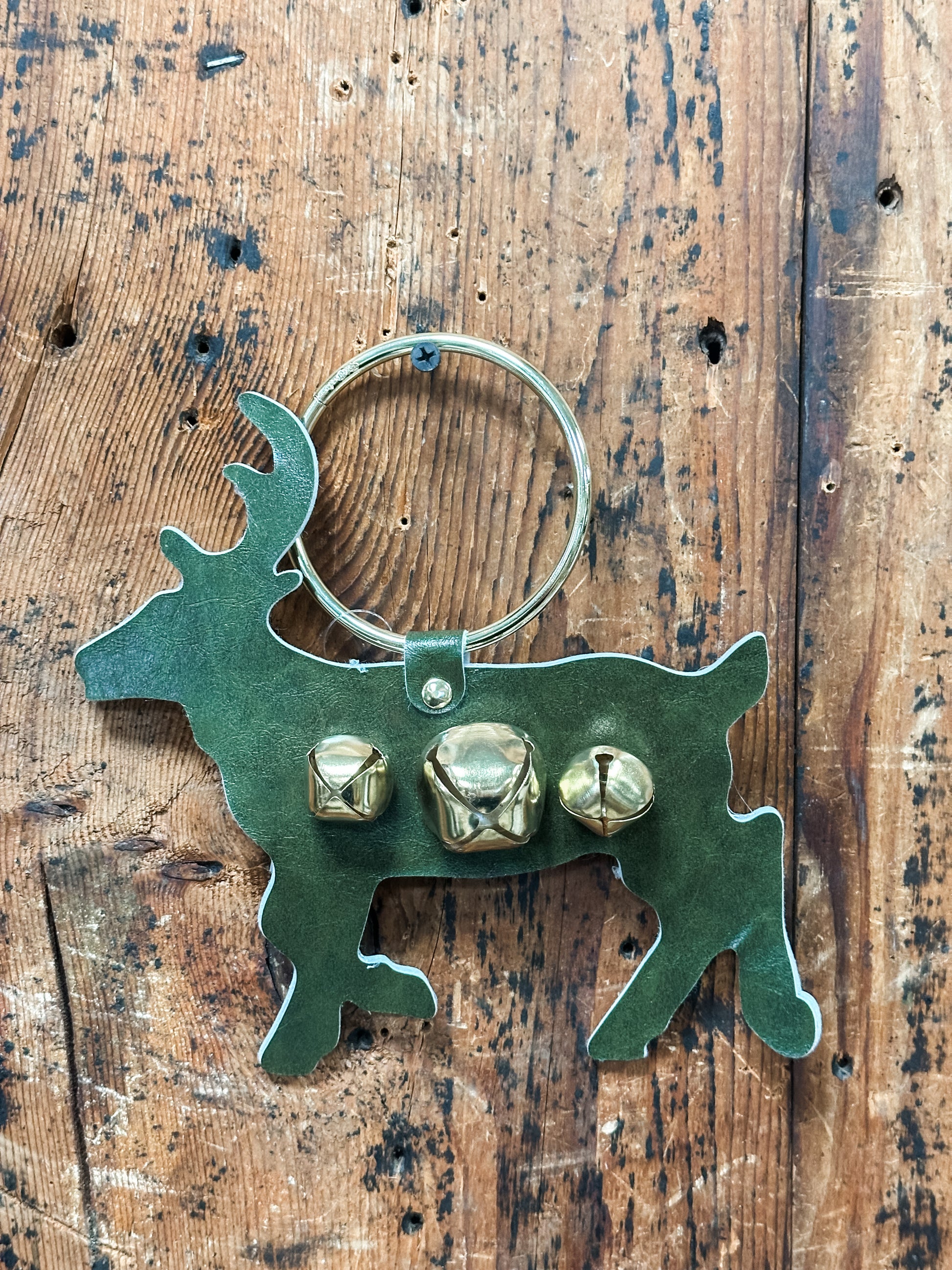 leather deer door hanger with bells at The Rustic Barn in Killingworth CT