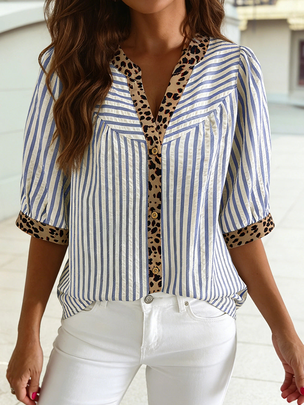 half sleeve leopard trim v neck button down shirt at the rustic barn in killingworth ct