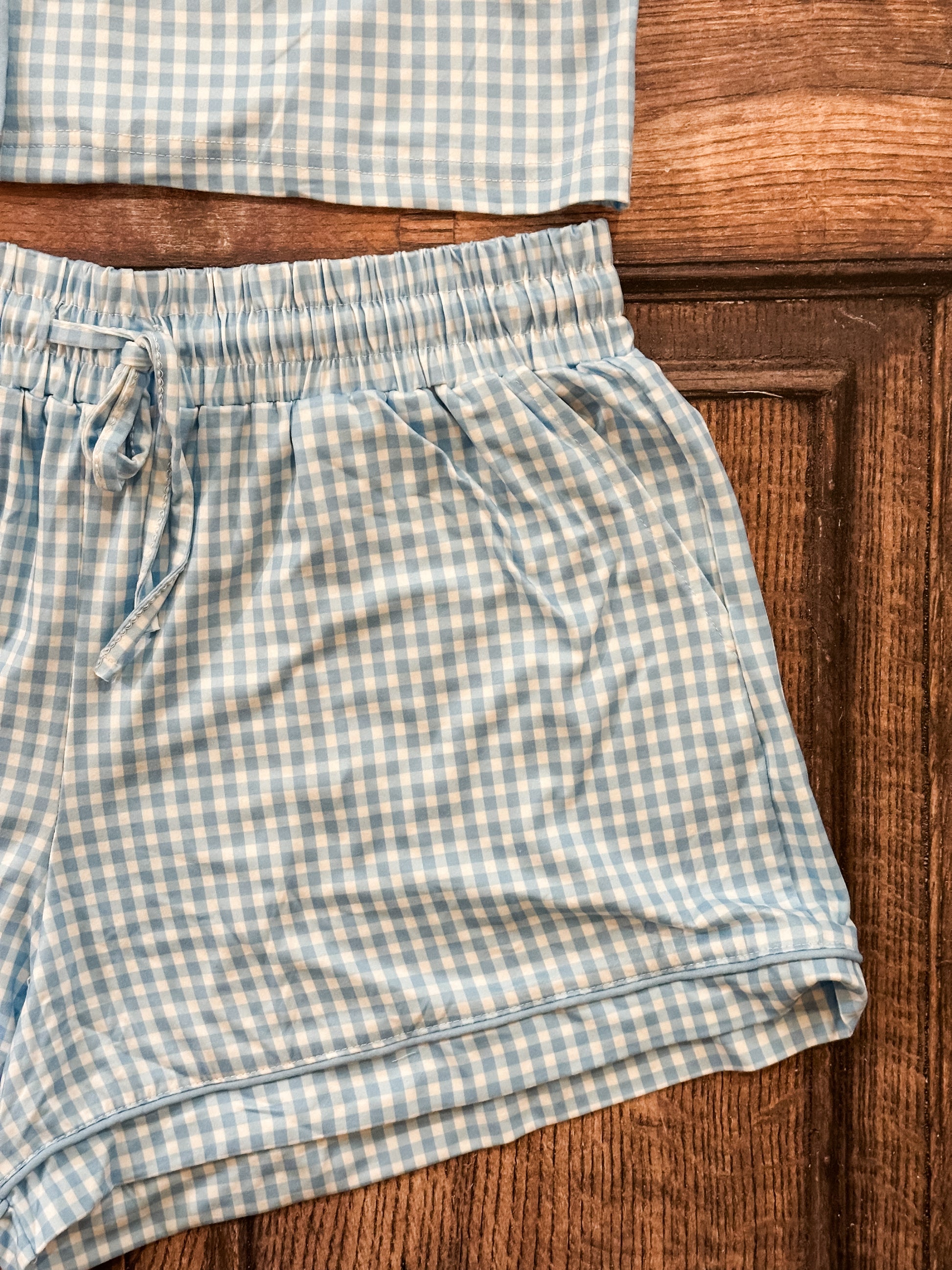 Light Blue Gingham Pajama Set with Pockets at the Rustic Barn in Killingworth, CT