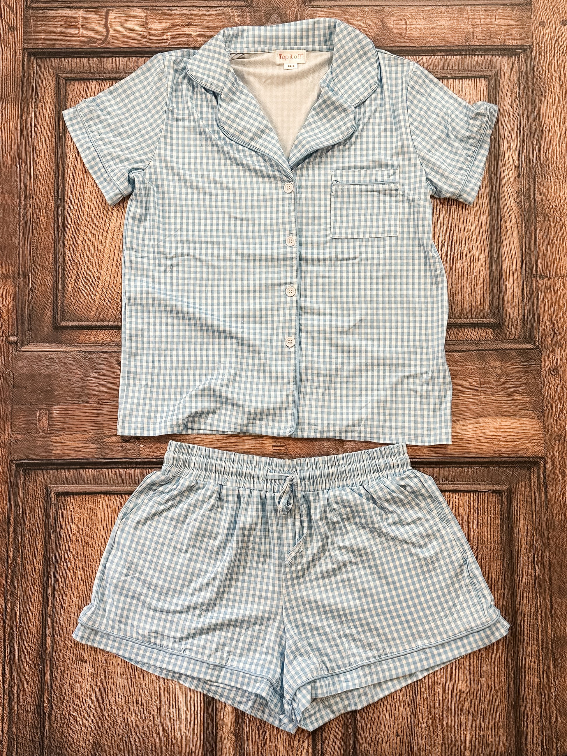 Light Blue Gingham Pajama Set with Pockets at the Rustic Barn in Killingworth, CT