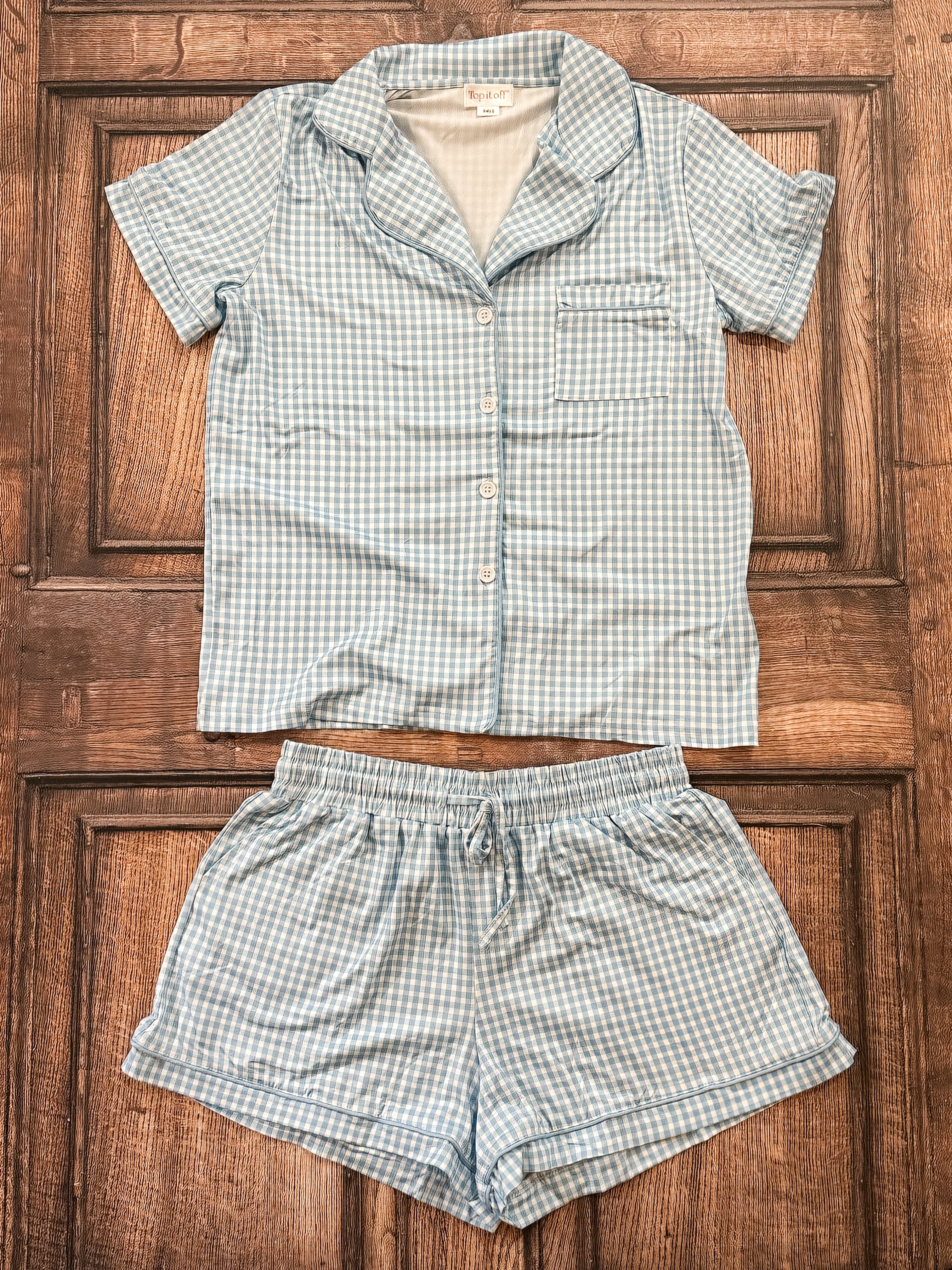 Light Blue Gingham Pajama Set with Pockets at the Rustic Barn in Killingworth, CT