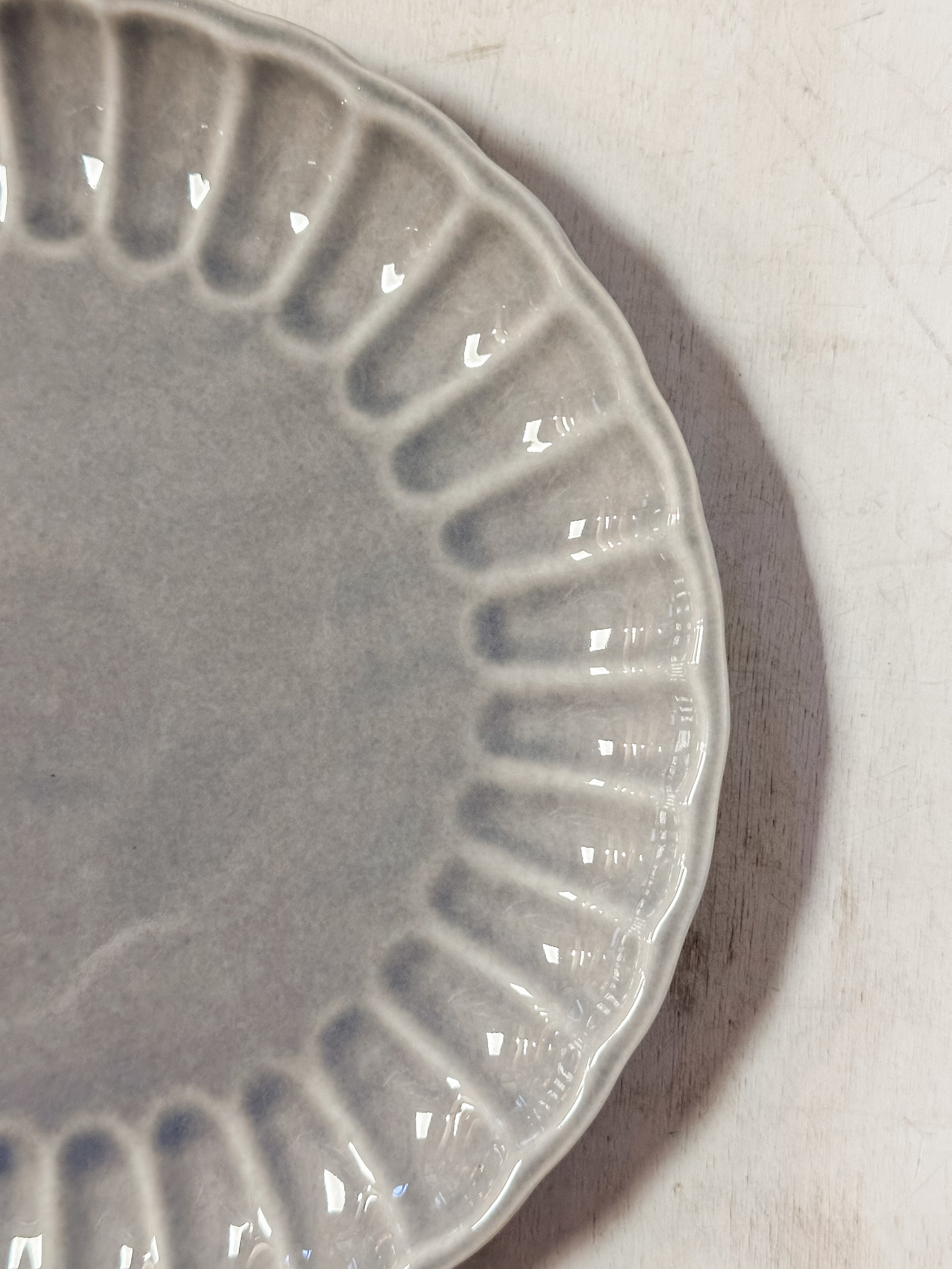 light blue stoneware fluted plate at The Rustic Barn in Killingworth, CT