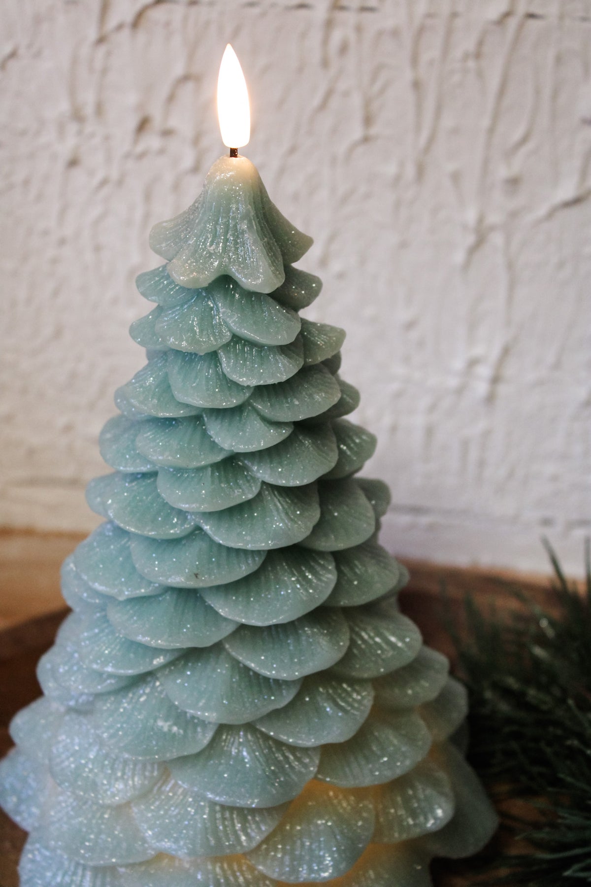 light green flameless sparkly christmas tree candle decor for the holidays and christmas for sale at the rustic barn in killingworth, CT
