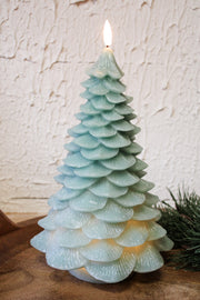 light green flameless sparkly christmas tree candle decor for the holidays and christmas for sale at the rustic barn in killingworth, CT