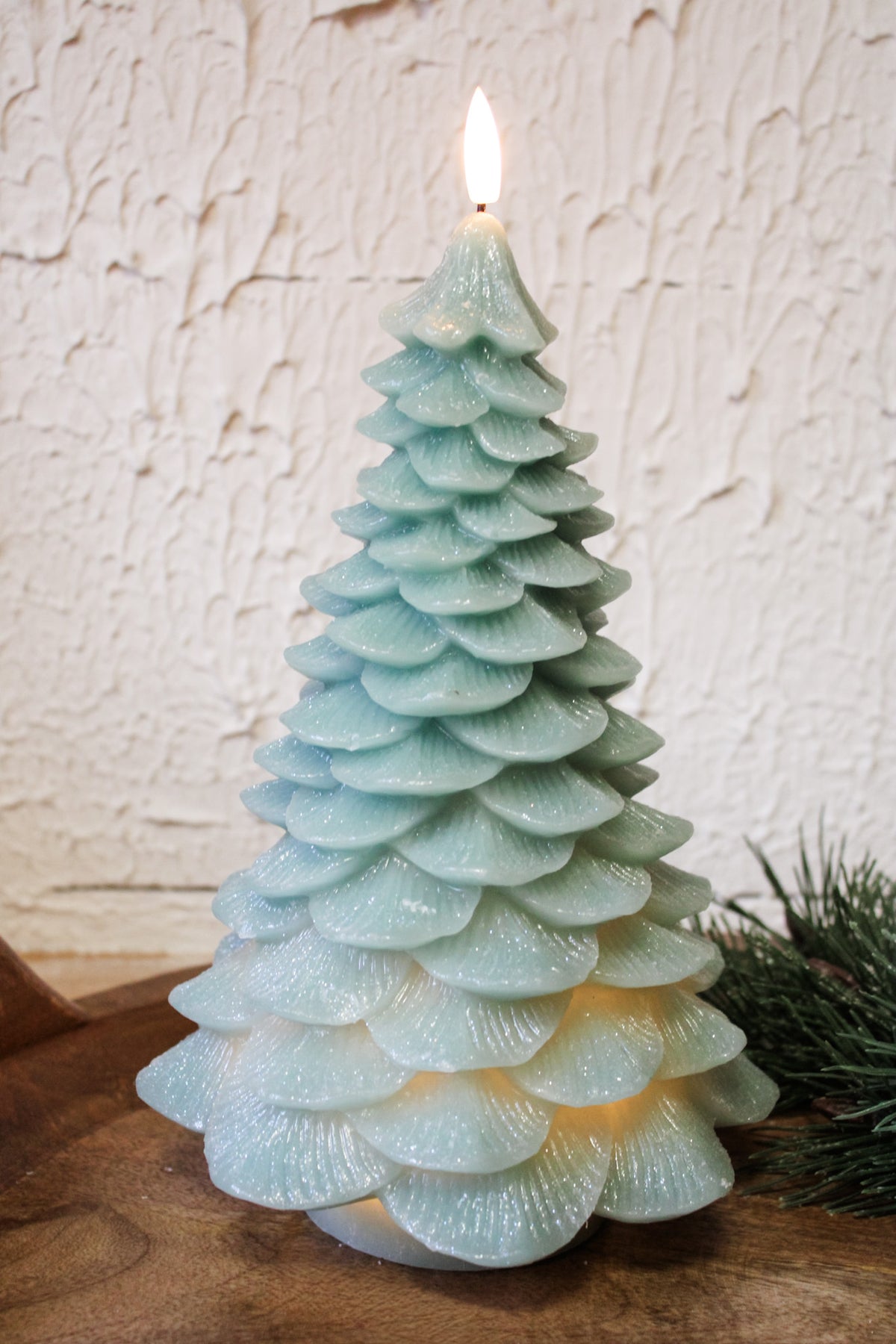light green flameless sparkly christmas tree candle decor for the holidays and christmas for sale at the rustic barn in killingworth, CT