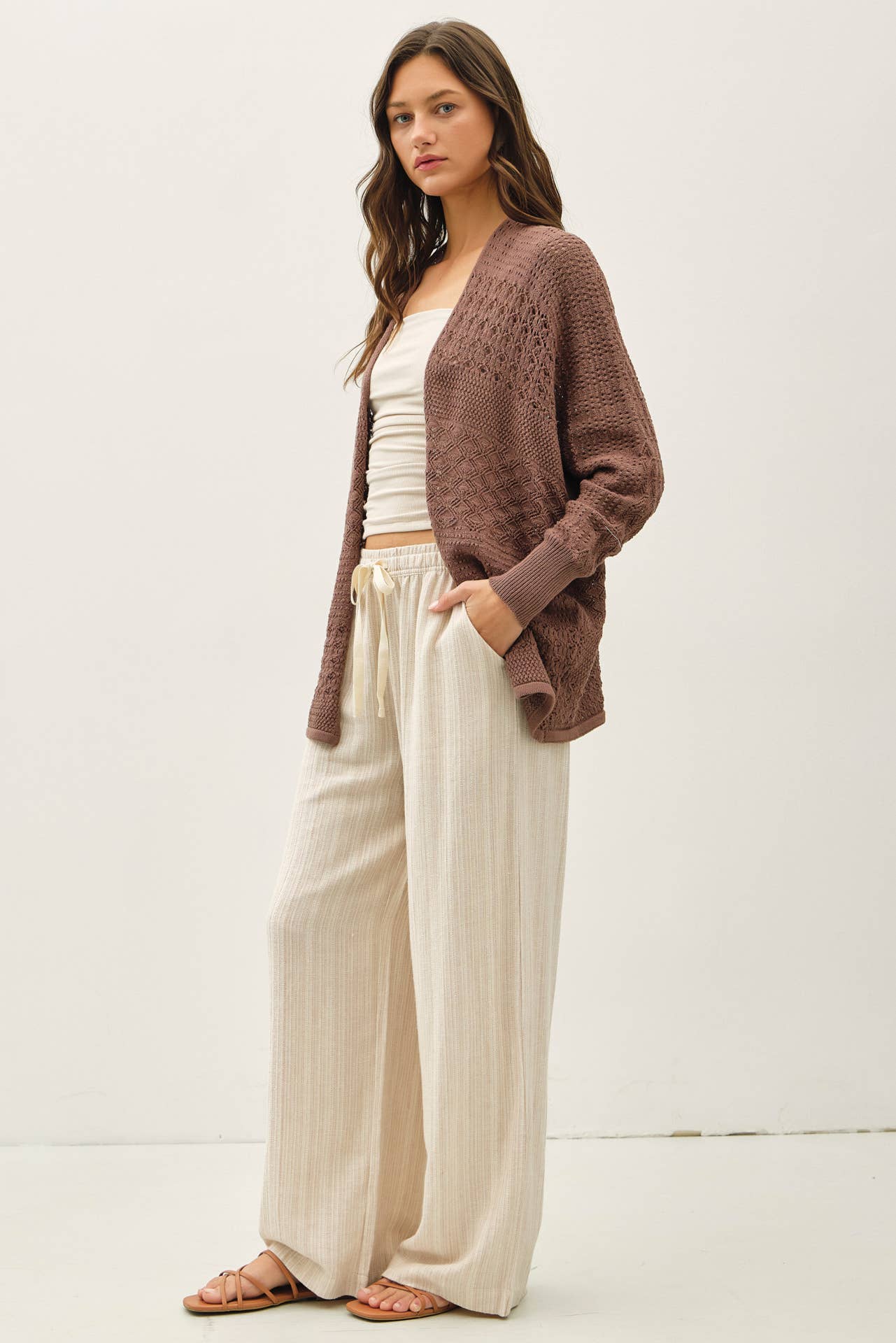 ightweight coco color crochet open cardigan at the rustic barn in Killingworth ct