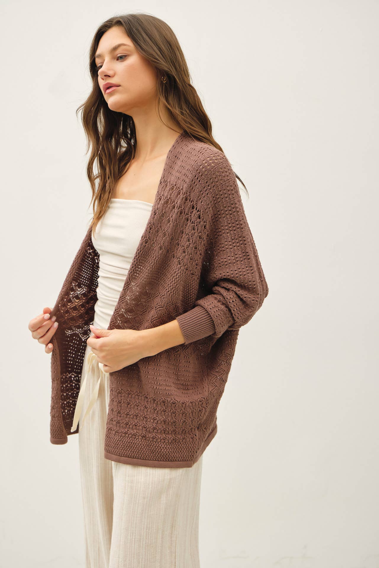 lightweight coco color crochet open cardigan at the rustic barn in Killingworth ct