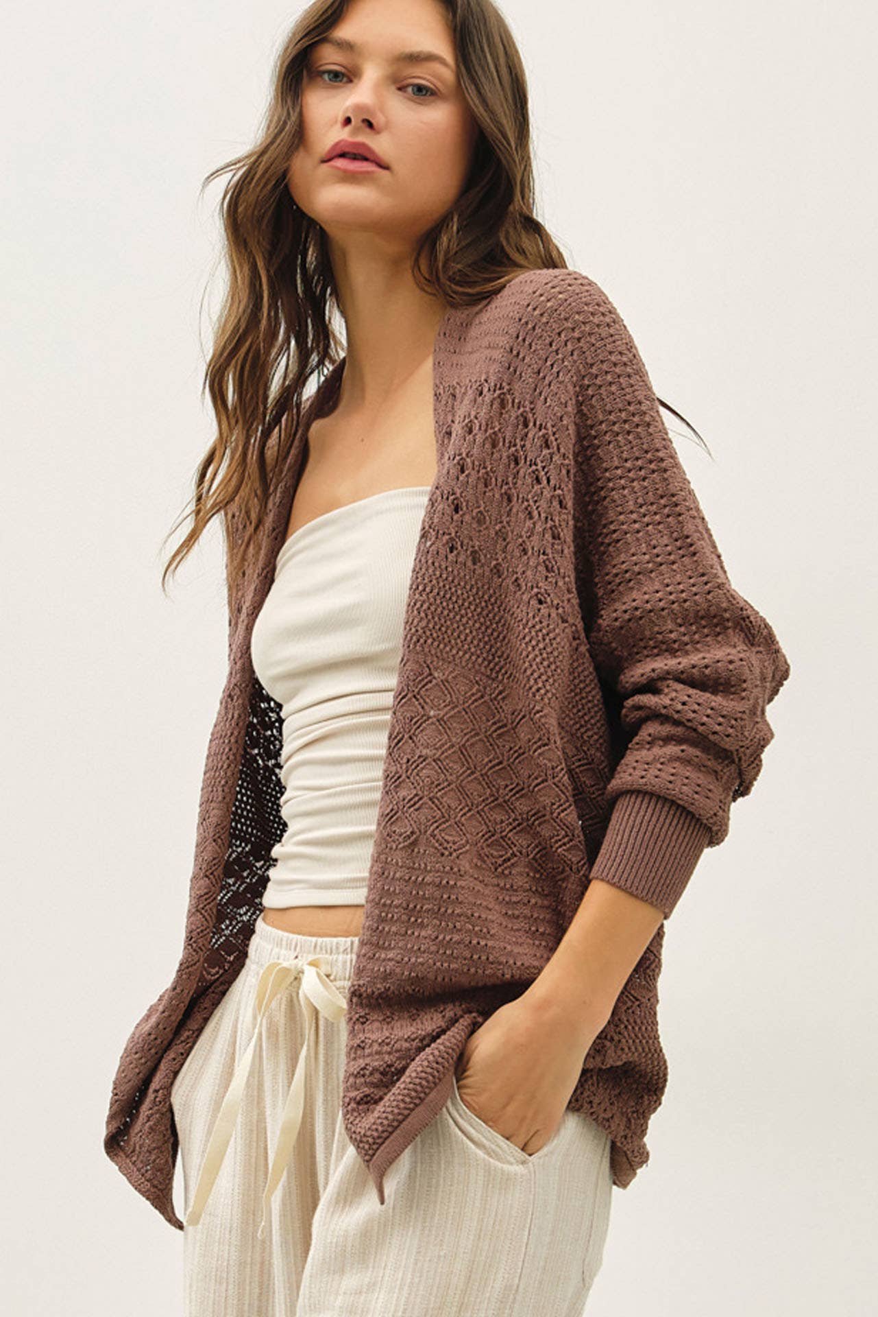 ightweight coco color crochet open cardigan at the rustic barn in Killingworth ct