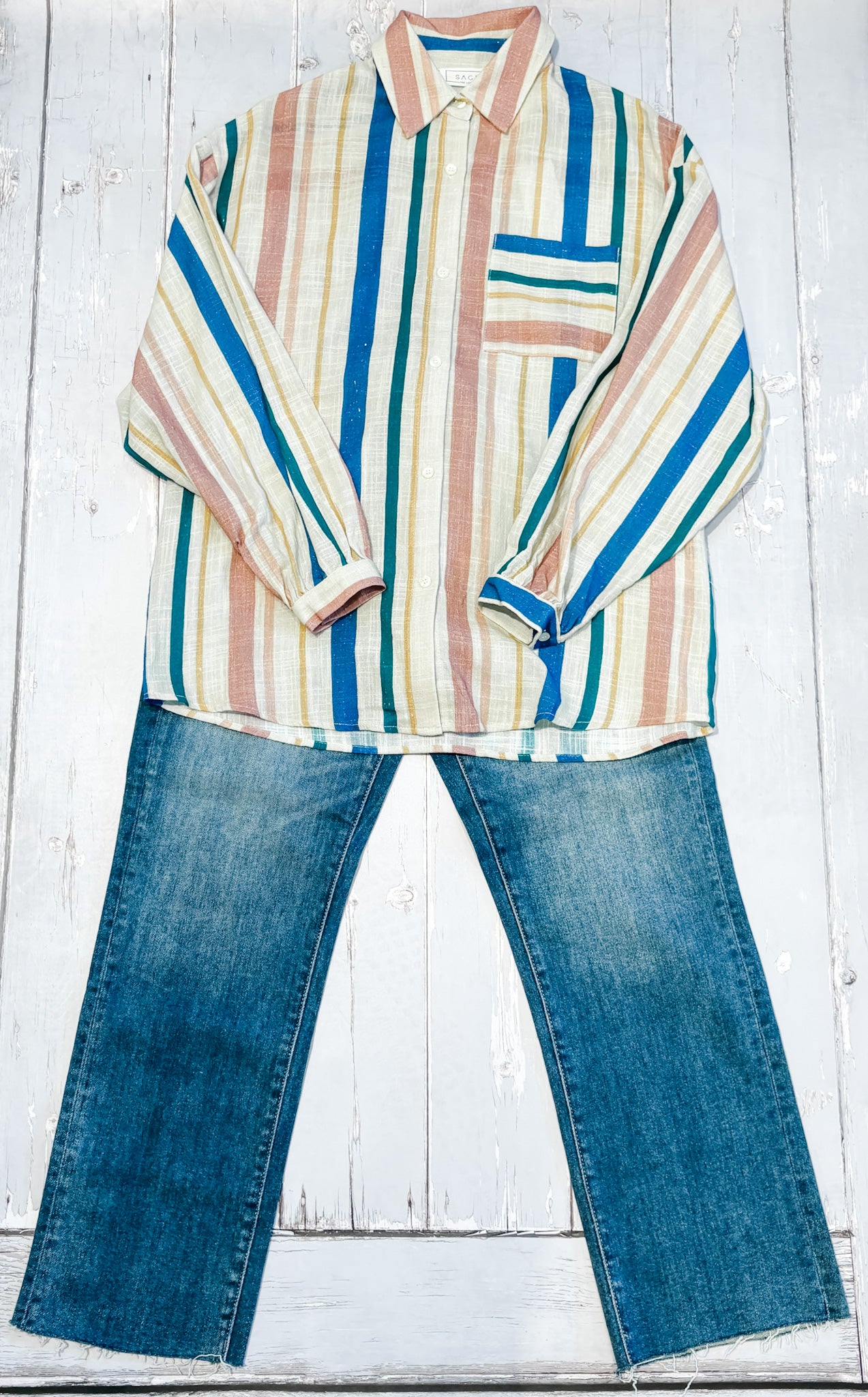 long sleeve striped button down linen women's shirt at the rustic barn in Killingworth ct