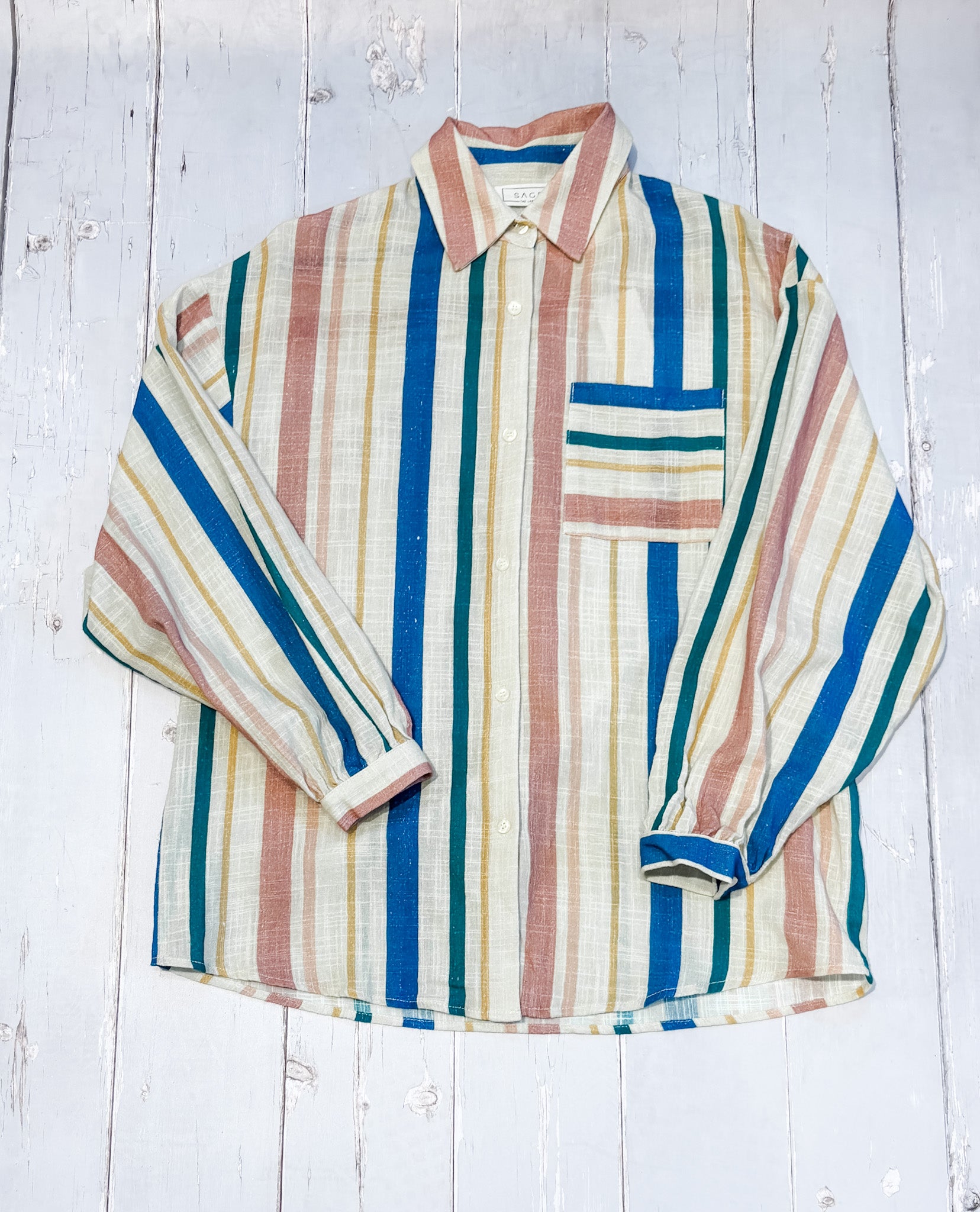 long sleeve striped button down linen women's shirt at the rustic barn in Killingworth ct