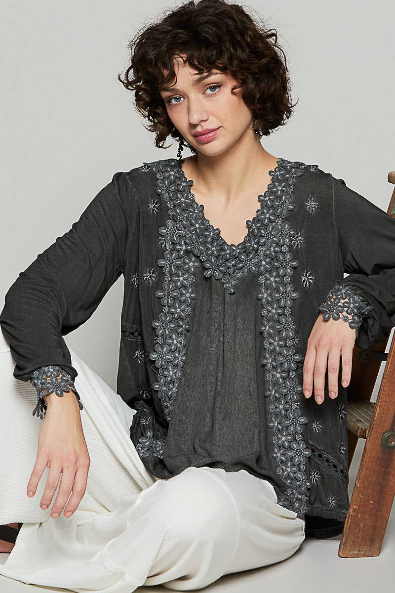 long sleeve romantic blouse with lace and crochet neckline in taupe and black at the rustic barn in Killingworth ct