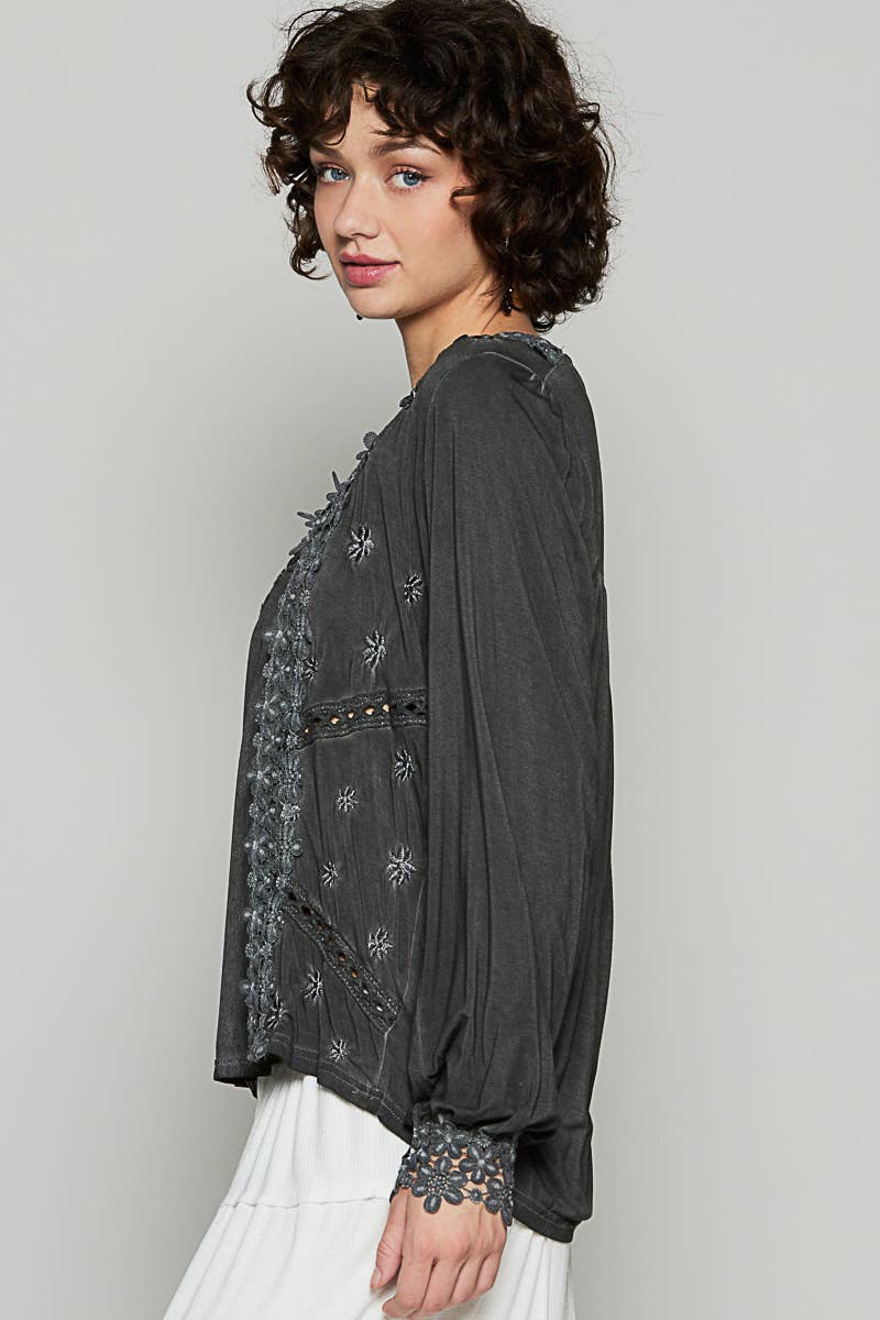 long sleeve romantic blouse with lace and crochet neckline in taupe and black at the rustic barn in Killingworth ct