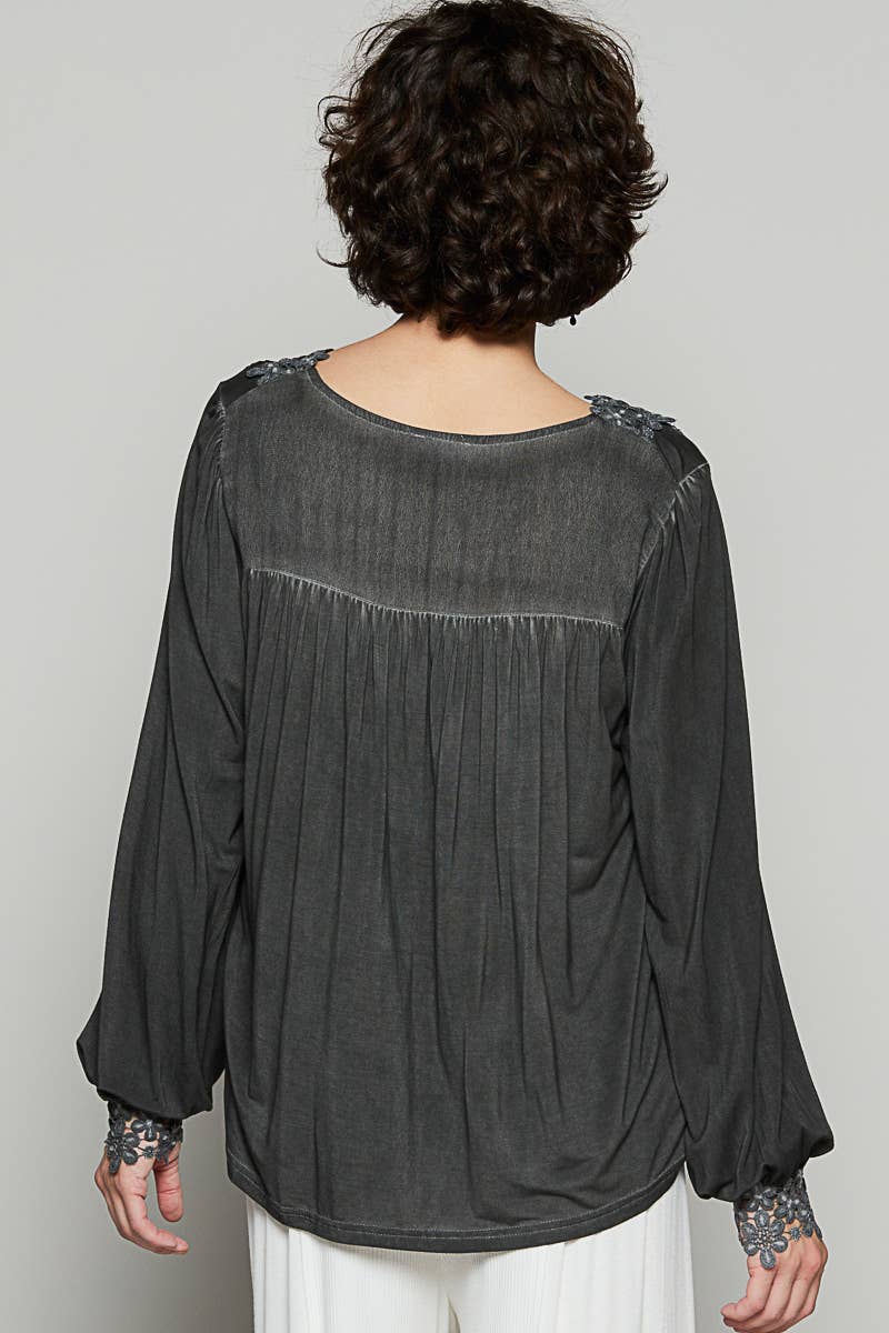 long sleeve romantic blouse with lace and crochet neckline in taupe and black at the rustic barn in Killingworth ct