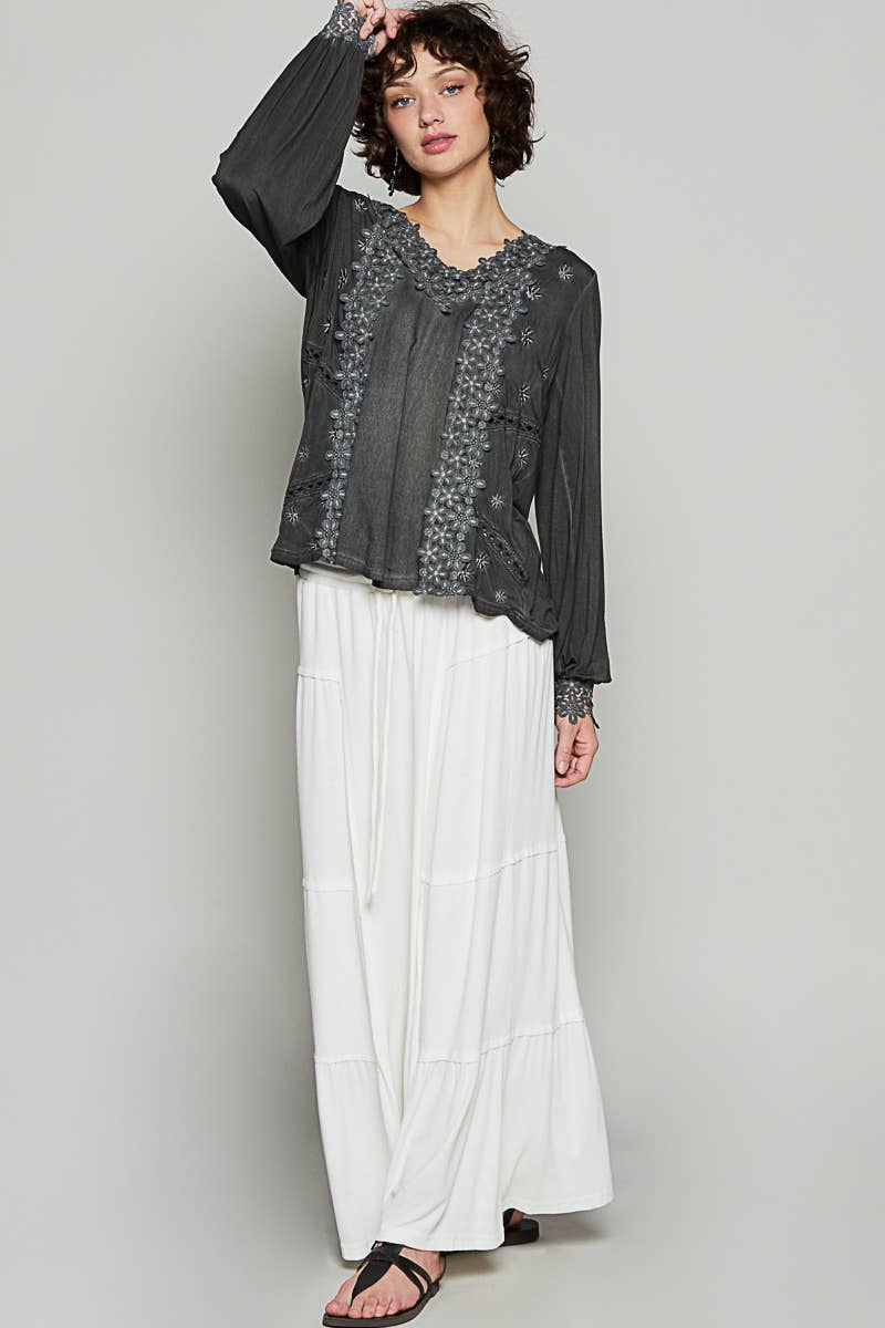 long sleeve romantic blouse with lace and crochet neckline in taupe and black at the rustic barn in Killingworth ct