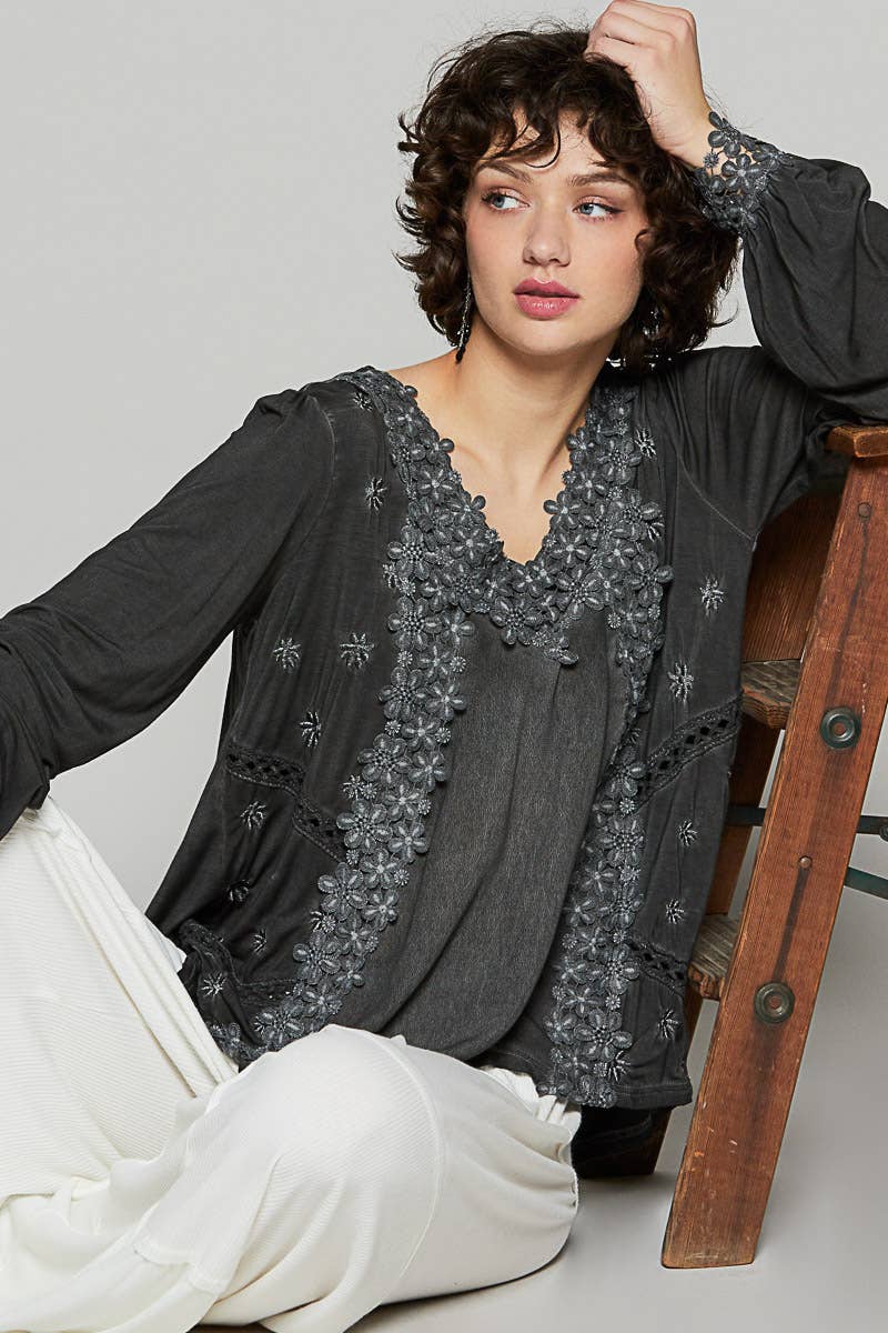 long sleeve romantic blouse with lace and crochet neckline in taupe and black at the rustic barn in Killingworth ct