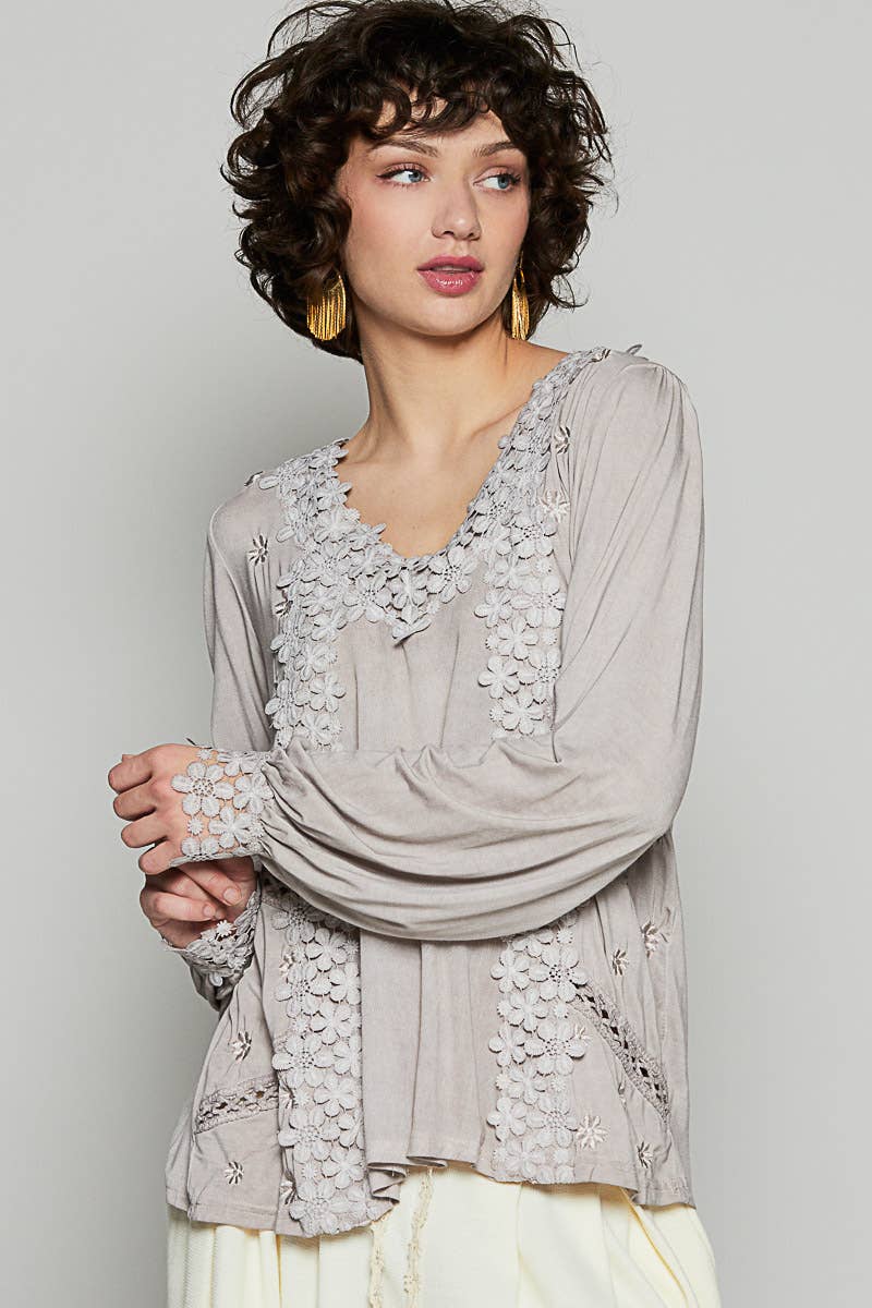 long sleeve romantic blouse with lace and crochet neckline in taupe and black at the rustic barn in Killingworth ct