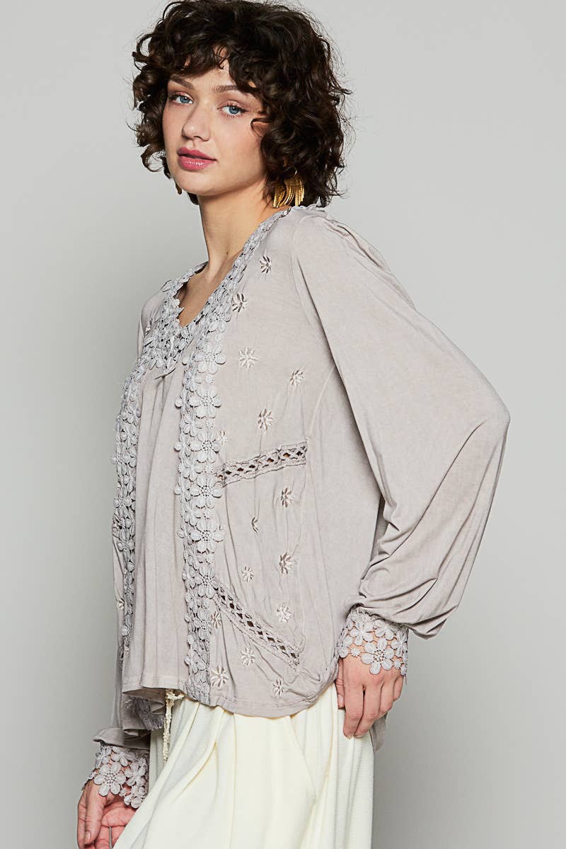 long sleeve romantic blouse with lace and crochet neckline in taupe and black at the rustic barn in Killingworth ct