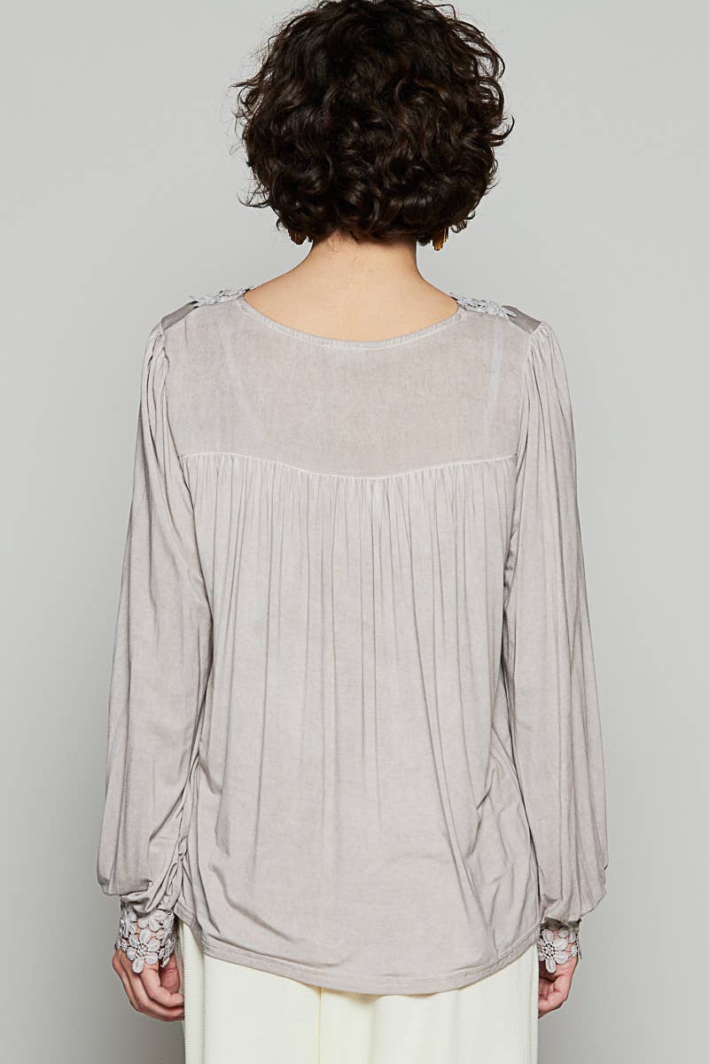 long sleeve romantic blouse with lace and crochet neckline in taupe and black at the rustic barn in Killingworth ct