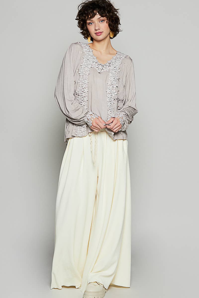 long sleeve romantic blouse with lace and crochet neckline in taupe and black at the rustic barn in Killingworth ct