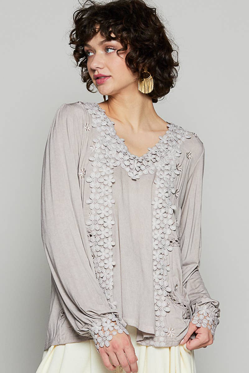 long sleeve romantic blouse with lace and crochet neckline in taupe and black at the rustic barn in Killingworth ct