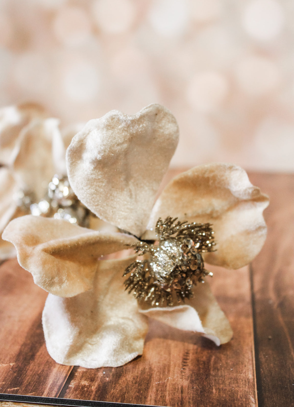 Luxury floral cream champagne christmas stem faux floral velvet jeweled with mangnolia for christmas for sale at the rustic barn in Killingworth, CT
