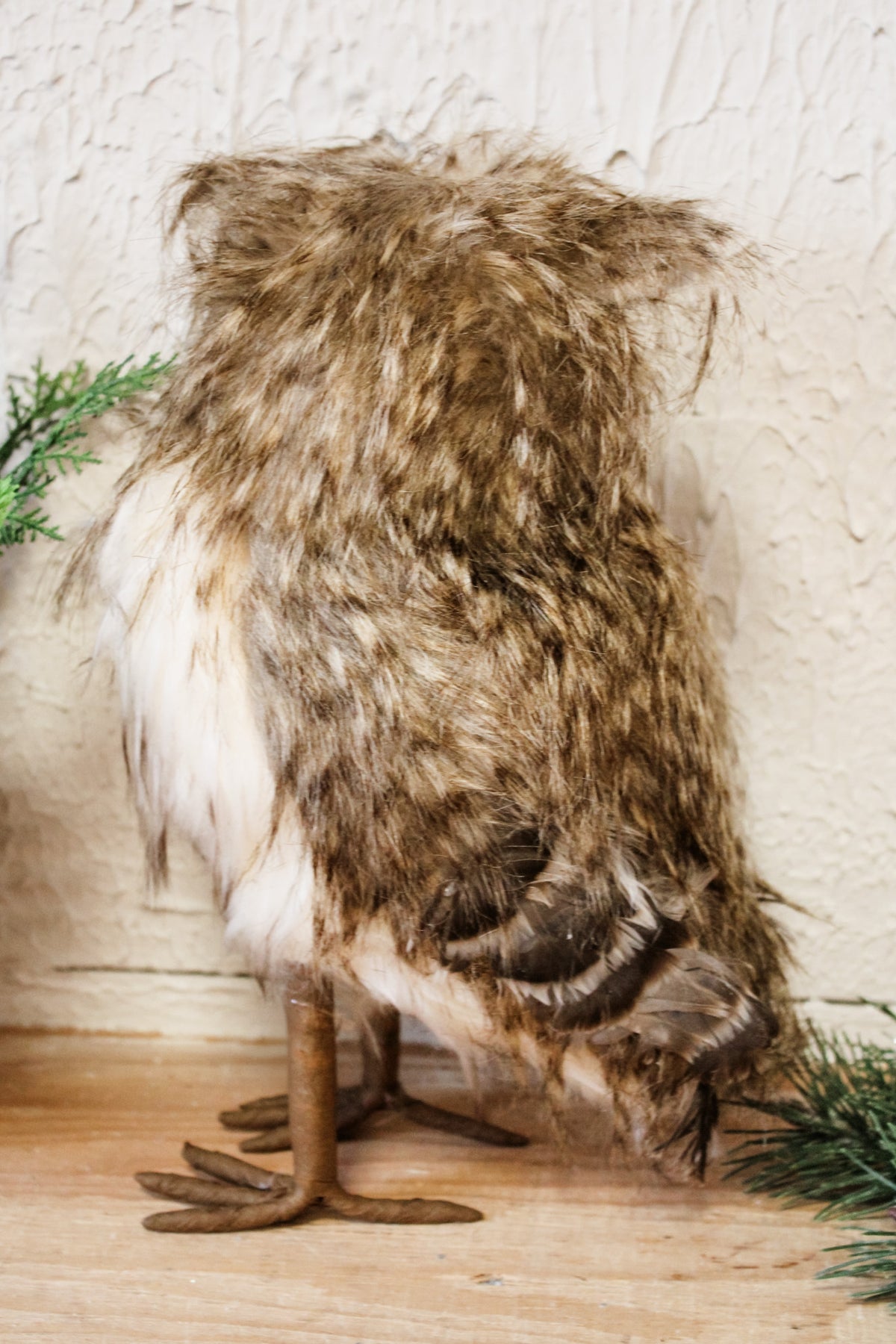 Majestic owl faux fur woodland owl rustic white and brown soft cute home decor for christmas and winter for sale at the rustic barn in killingworth, CT