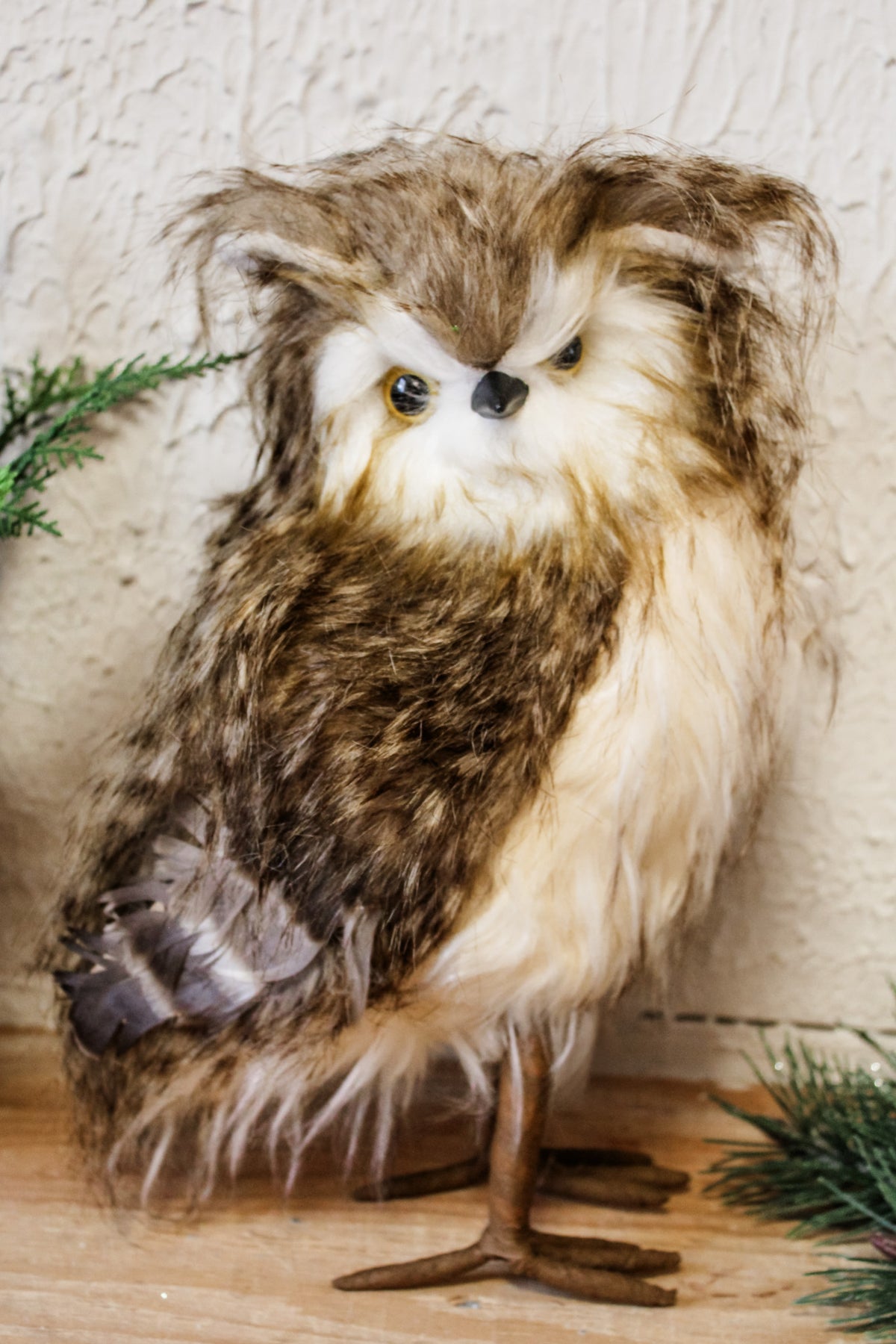 Majestic owl faux fur woodland owl rustic white and brown soft cute home decor for christmas and winter for sale at the rustic barn in killingworth, CT