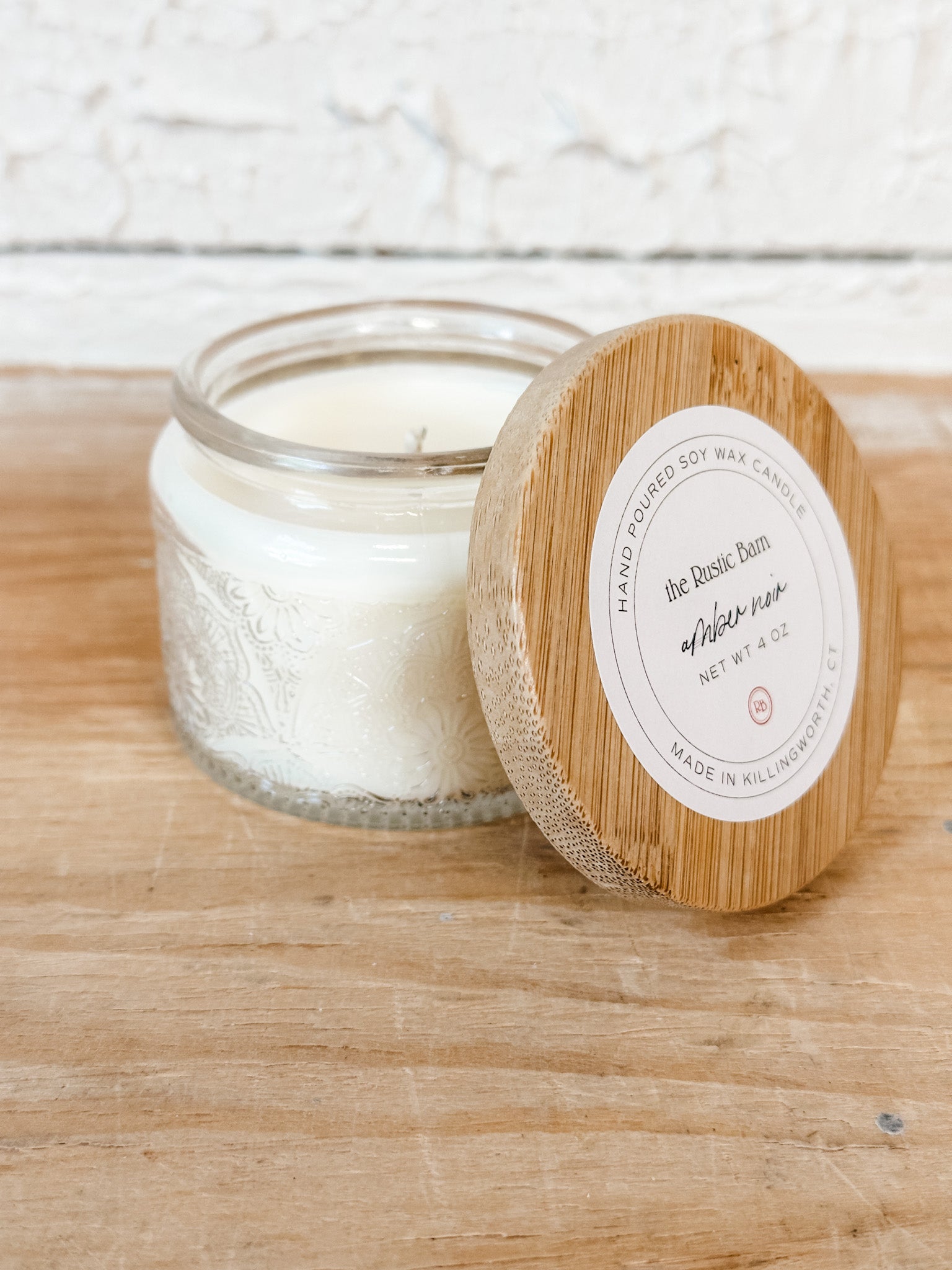 mandarine and jasmine hand poured soy candle at the rustic barn in killingworth ct