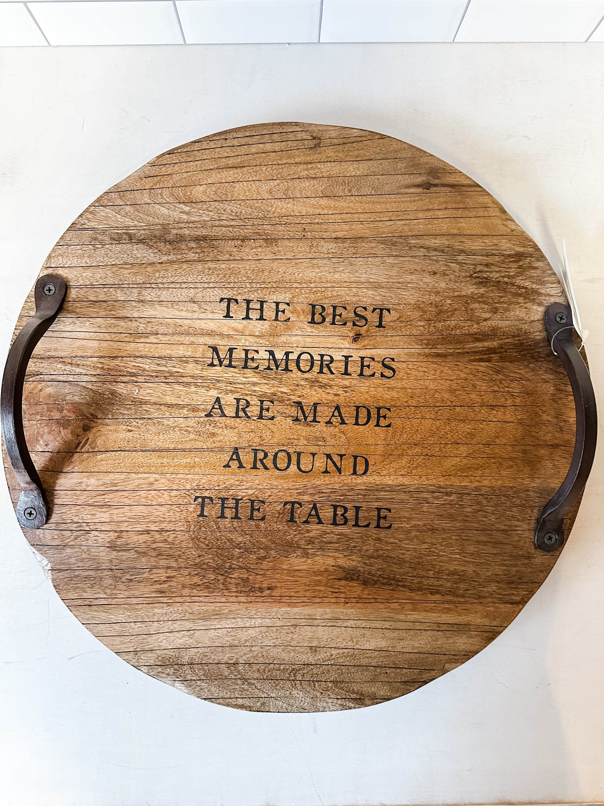 mango wood lazy susan with etched sentiment and metal handles at The Rustic Barn in Killingworth, CT