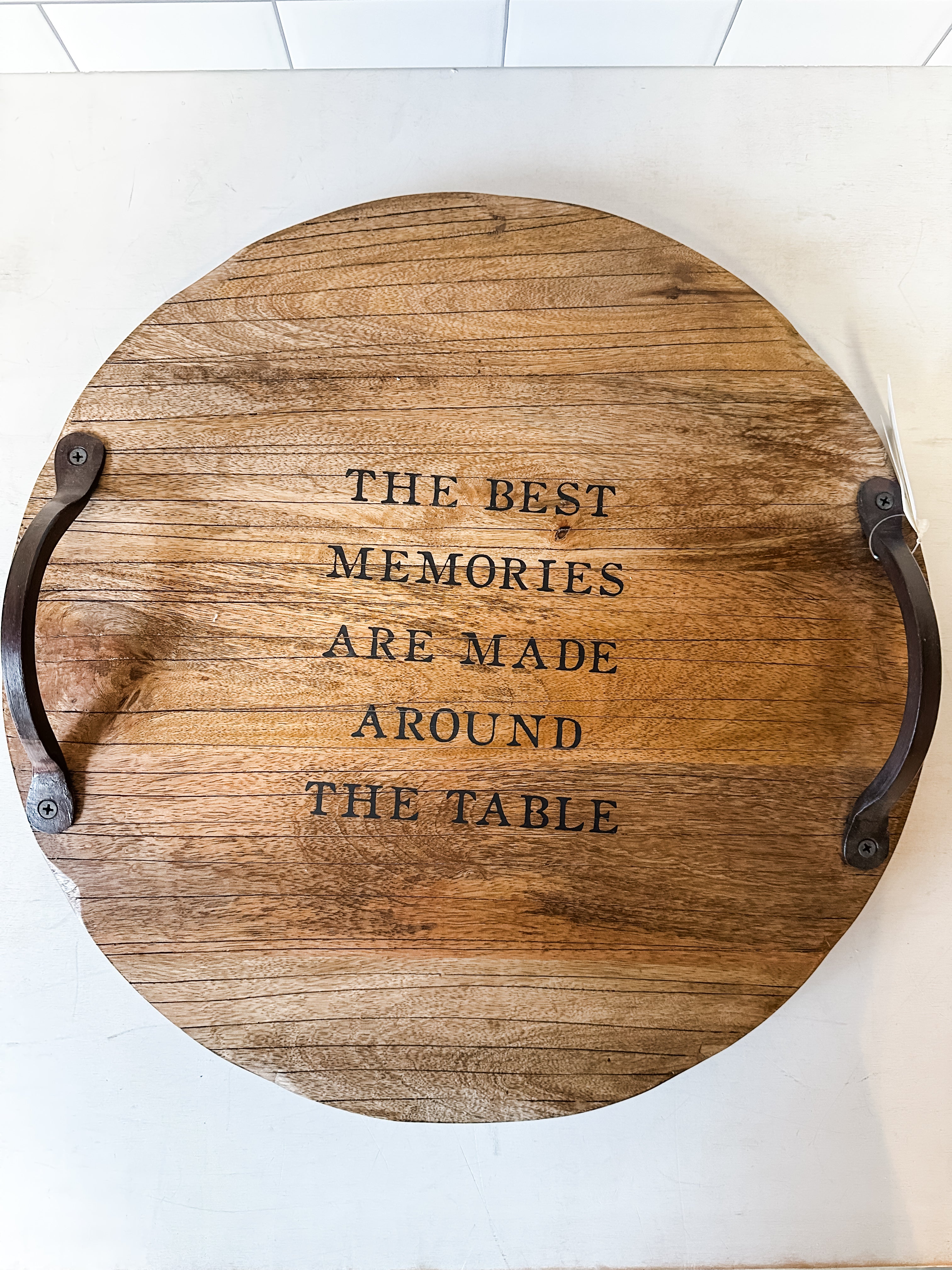 mango wood lazy susan with etched sentiment and metal handles at The Rustic Barn in Killingworth, CT